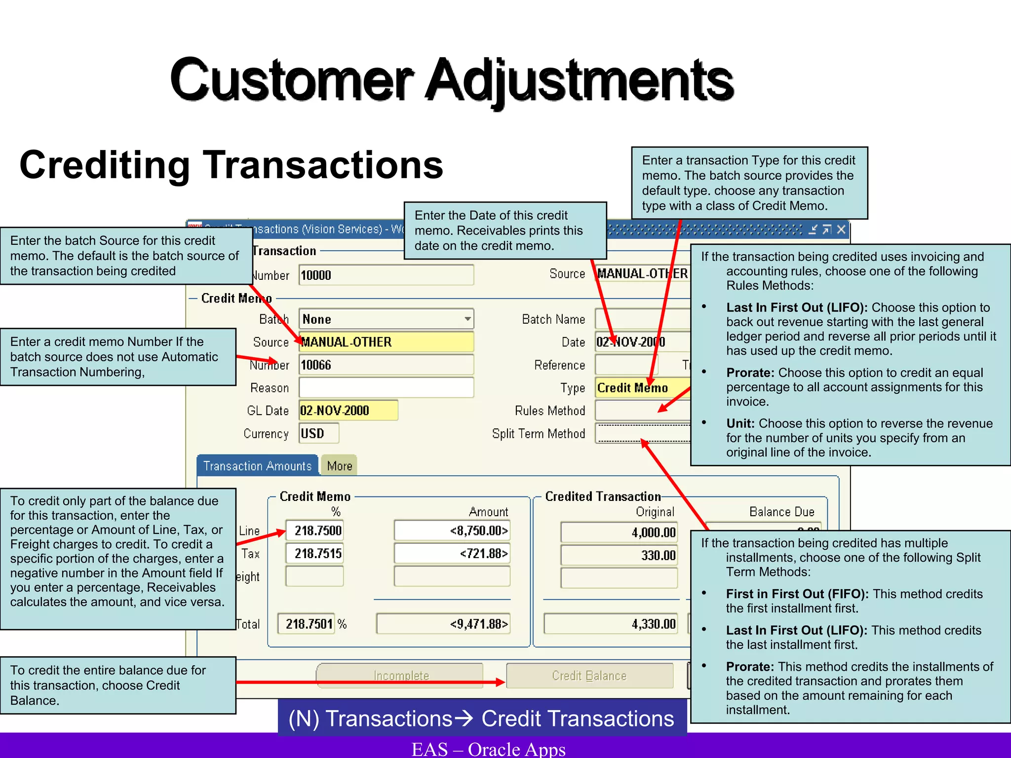 EAS – Oracle Apps
Customer Adjustments
Crediting Transactions
(N) Transactions Credit Transactions
To credit the entire balance due for
this transaction, choose Credit
Balance.
Enter a transaction Type for this credit
memo. The batch source provides the
default type. choose any transaction
type with a class of Credit Memo.
If the transaction being credited uses invoicing and
accounting rules, choose one of the following
Rules Methods:
• Last In First Out (LIFO): Choose this option to
back out revenue starting with the last general
ledger period and reverse all prior periods until it
has used up the credit memo.
• Prorate: Choose this option to credit an equal
percentage to all account assignments for this
invoice.
• Unit: Choose this option to reverse the revenue
for the number of units you specify from an
original line of the invoice.
Enter the batch Source for this credit
memo. The default is the batch source of
the transaction being credited
Enter a credit memo Number If the
batch source does not use Automatic
Transaction Numbering,
To credit only part of the balance due
for this transaction, enter the
percentage or Amount of Line, Tax, or
Freight charges to credit. To credit a
specific portion of the charges, enter a
negative number in the Amount field If
you enter a percentage, Receivables
calculates the amount, and vice versa.
If the transaction being credited has multiple
installments, choose one of the following Split
Term Methods:
• First in First Out (FIFO): This method credits
the first installment first.
• Last In First Out (LIFO): This method credits
the last installment first.
• Prorate: This method credits the installments of
the credited transaction and prorates them
based on the amount remaining for each
installment.
Enter the Date of this credit
memo. Receivables prints this
date on the credit memo.
 