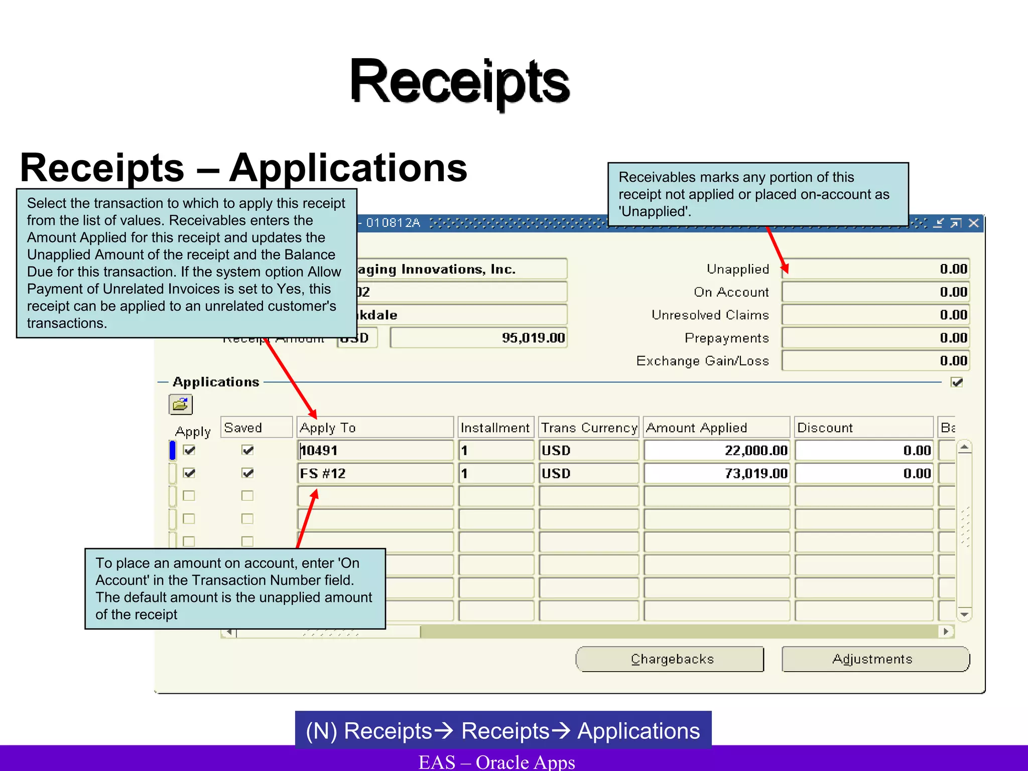EAS – Oracle Apps
Receipts
Receipts – Applications
(N) Receipts Receipts Applications
To place an amount on account, enter 'On
Account' in the Transaction Number field.
The default amount is the unapplied amount
of the receipt
Select the transaction to which to apply this receipt
from the list of values. Receivables enters the
Amount Applied for this receipt and updates the
Unapplied Amount of the receipt and the Balance
Due for this transaction. If the system option Allow
Payment of Unrelated Invoices is set to Yes, this
receipt can be applied to an unrelated customer's
transactions.
Receivables marks any portion of this
receipt not applied or placed on-account as
'Unapplied'.
 