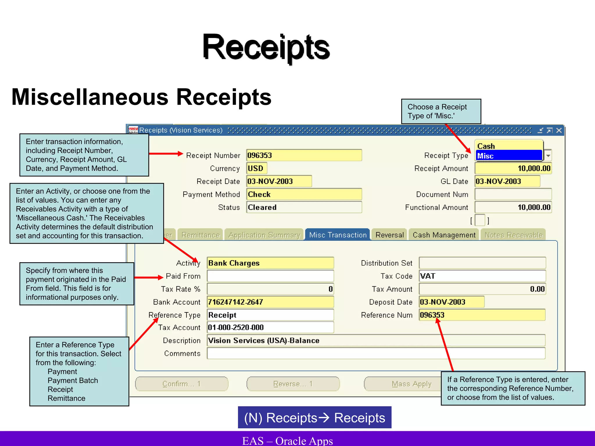 EAS – Oracle Apps
Receipts
Miscellaneous Receipts
(N) Receipts Receipts
Specify from where this
payment originated in the Paid
From field. This field is for
informational purposes only.
Enter a Reference Type
for this transaction. Select
from the following:
Payment
Payment Batch
Receipt
Remittance
If a Reference Type is entered, enter
the corresponding Reference Number,
or choose from the list of values.
Choose a Receipt
Type of 'Misc.'
Enter transaction information,
including Receipt Number,
Currency, Receipt Amount, GL
Date, and Payment Method.
Enter an Activity, or choose one from the
list of values. You can enter any
Receivables Activity with a type of
'Miscellaneous Cash.' The Receivables
Activity determines the default distribution
set and accounting for this transaction.
 