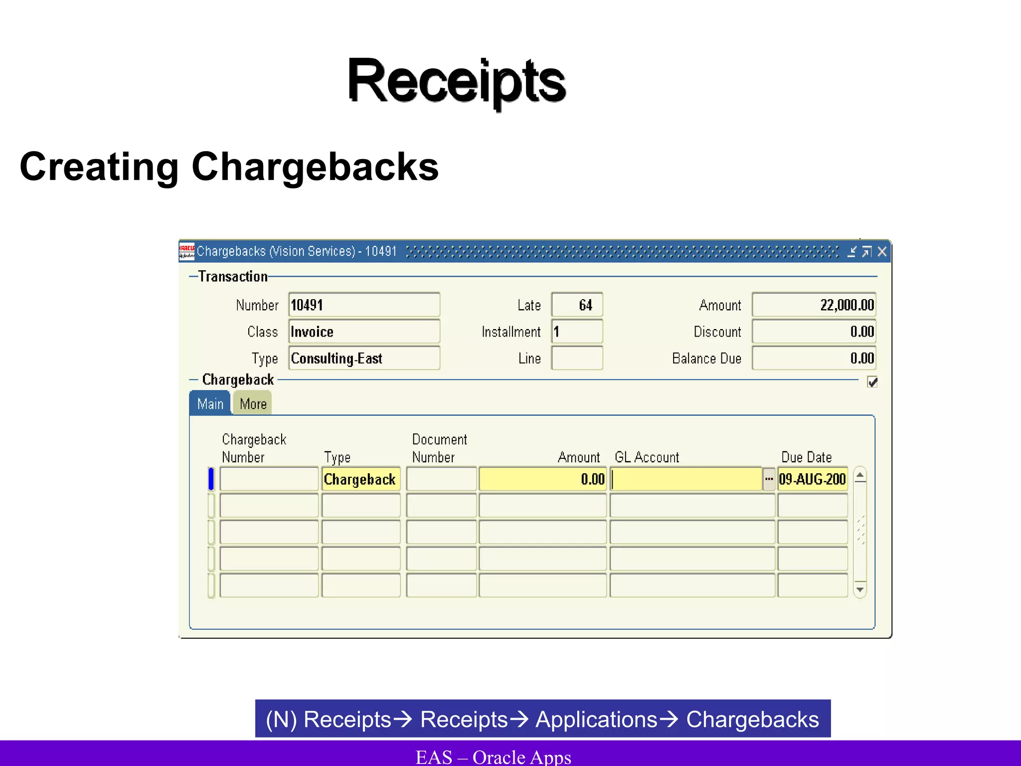EAS – Oracle Apps
Receipts
Creating Chargebacks
(N) Receipts Receipts Applications Chargebacks
 