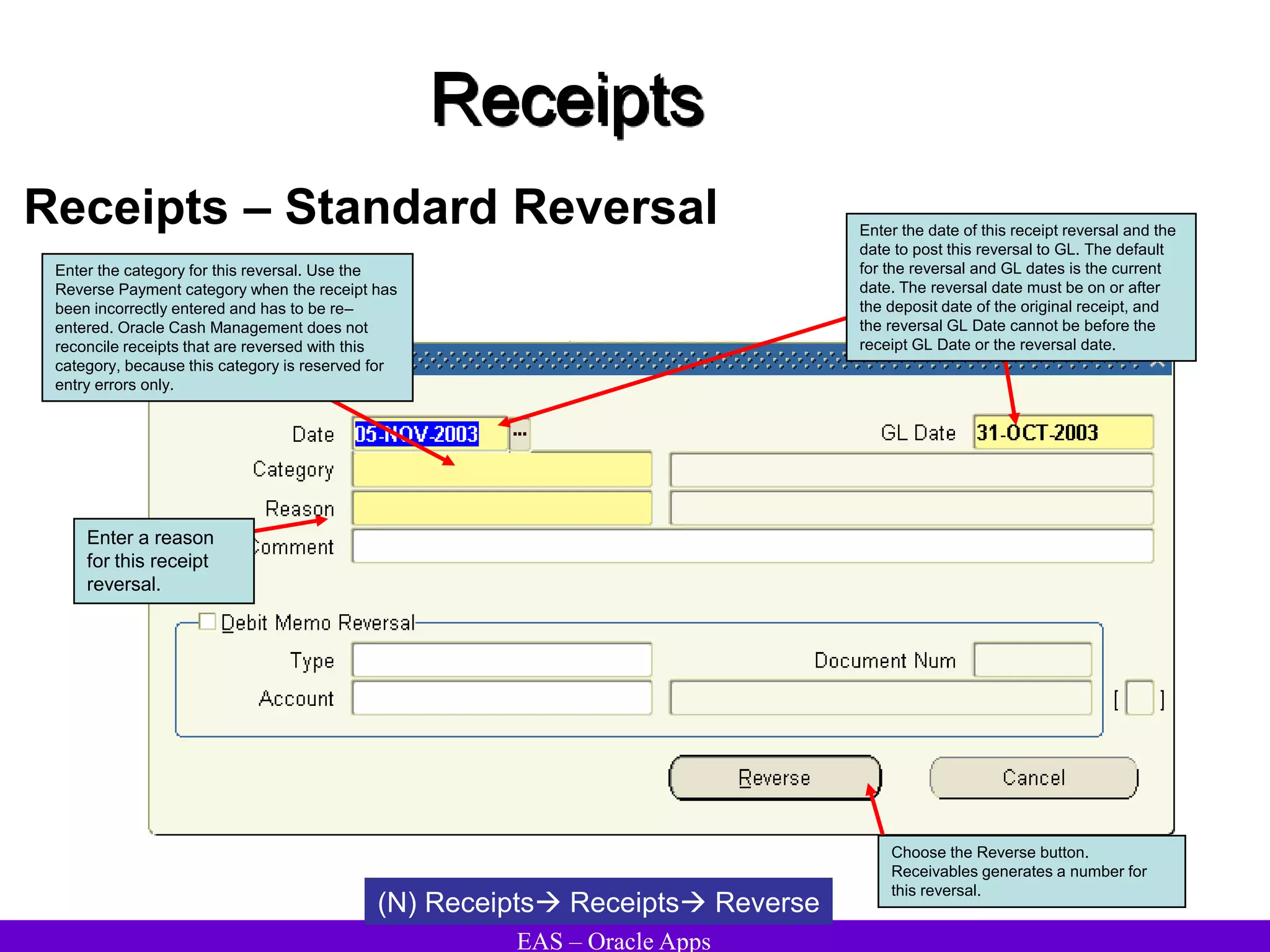 EAS – Oracle Apps
Receipts
Receipts – Standard Reversal
(N) Receipts Receipts Reverse
Choose the Reverse button.
Receivables generates a number for
this reversal.
Enter the date of this receipt reversal and the
date to post this reversal to GL. The default
for the reversal and GL dates is the current
date. The reversal date must be on or after
the deposit date of the original receipt, and
the reversal GL Date cannot be before the
receipt GL Date or the reversal date.
Enter the category for this reversal. Use the
Reverse Payment category when the receipt has
been incorrectly entered and has to be re–
entered. Oracle Cash Management does not
reconcile receipts that are reversed with this
category, because this category is reserved for
entry errors only.
Enter a reason
for this receipt
reversal.
 