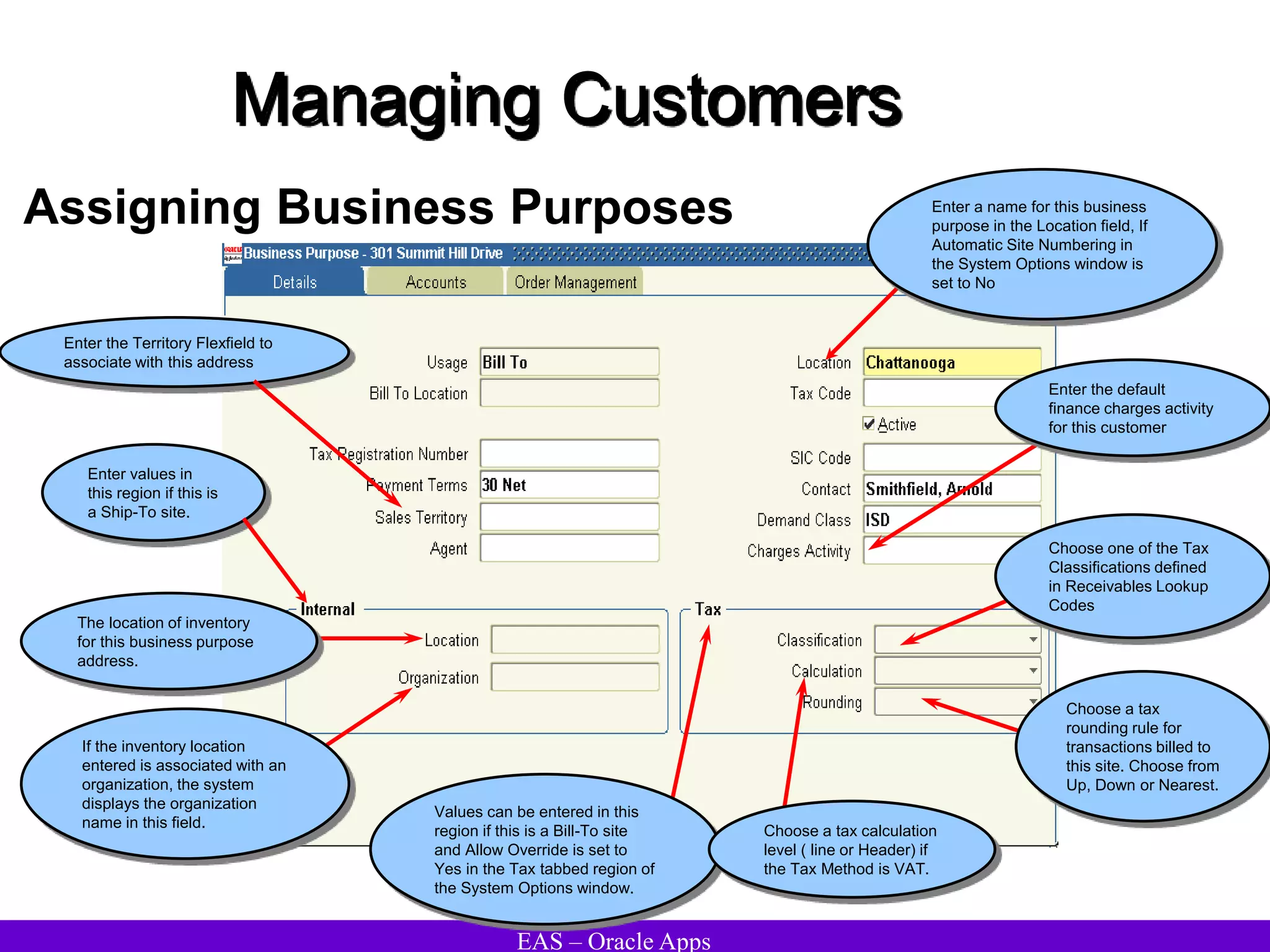 EAS – Oracle Apps
Managing Customers
Assigning Business Purposes Enter a name for this business
purpose in the Location field, If
Automatic Site Numbering in
the System Options window is
set to No
Enter the Territory Flexfield to
associate with this address
Enter the default
finance charges activity
for this customer
If the inventory location
entered is associated with an
organization, the system
displays the organization
name in this field.
The location of inventory
for this business purpose
address.
Enter values in
this region if this is
a Ship-To site.
Values can be entered in this
region if this is a Bill-To site
and Allow Override is set to
Yes in the Tax tabbed region of
the System Options window.
Choose a tax calculation
level ( line or Header) if
the Tax Method is VAT.
Choose one of the Tax
Classifications defined
in Receivables Lookup
Codes
Choose a tax
rounding rule for
transactions billed to
this site. Choose from
Up, Down or Nearest.
 