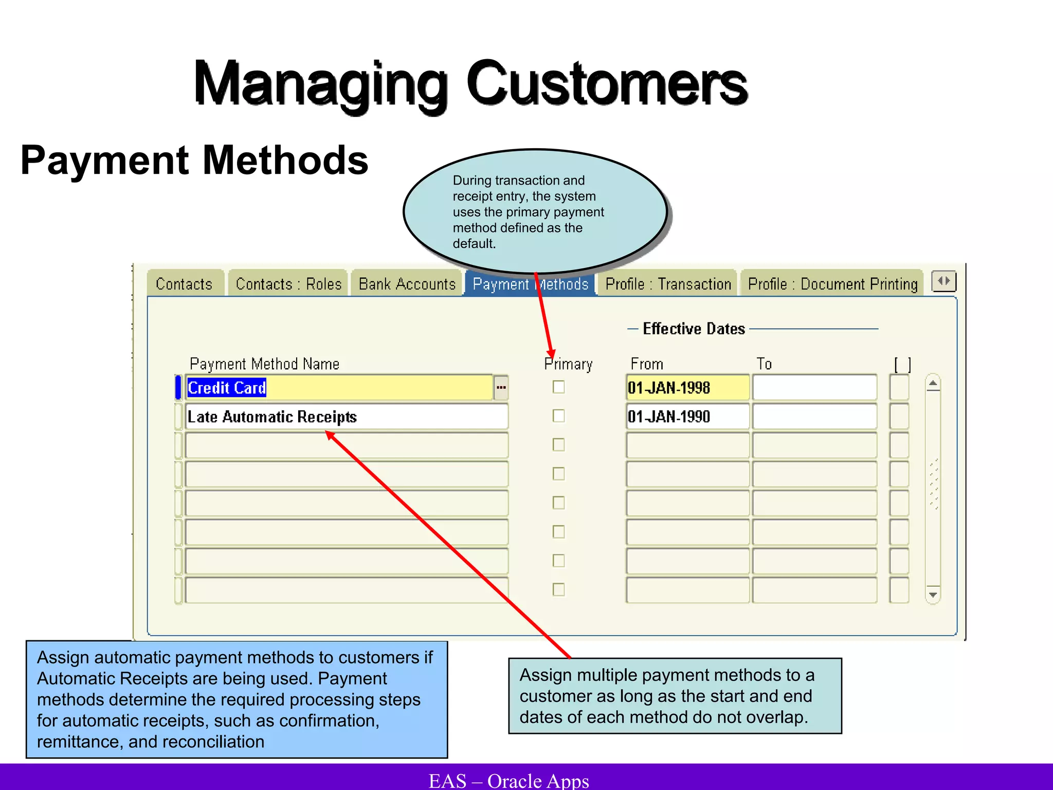 EAS – Oracle Apps
Managing Customers
Payment Methods
Assign automatic payment methods to customers if
Automatic Receipts are being used. Payment
methods determine the required processing steps
for automatic receipts, such as confirmation,
remittance, and reconciliation
During transaction and
receipt entry, the system
uses the primary payment
method defined as the
default.
Assign multiple payment methods to a
customer as long as the start and end
dates of each method do not overlap.
 