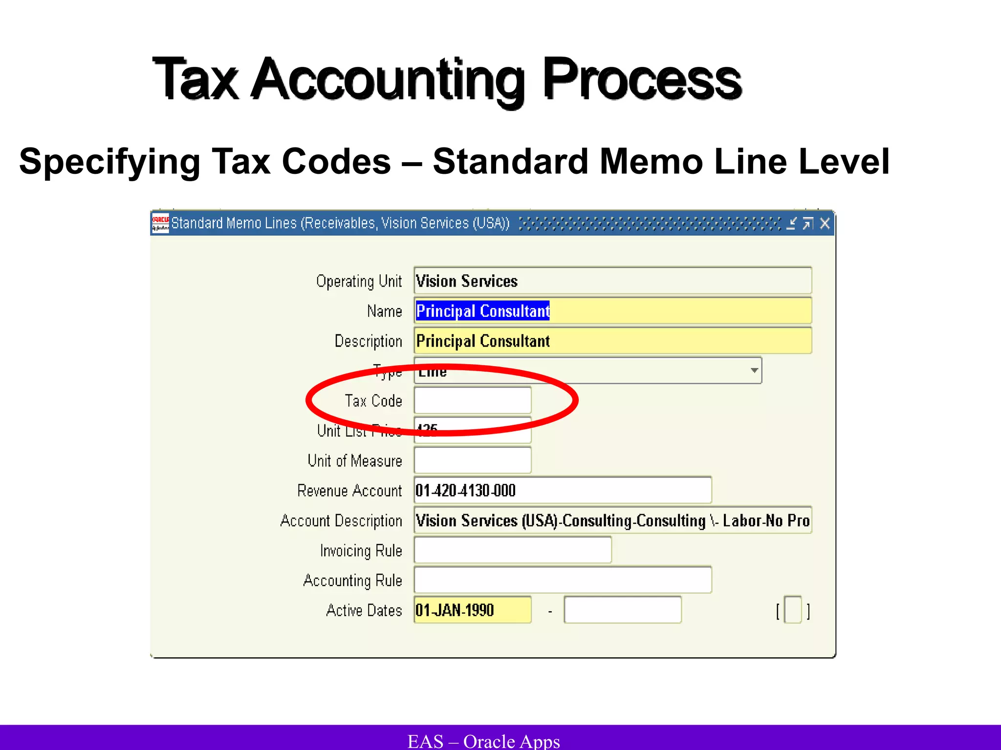 EAS – Oracle Apps
Tax Accounting Process
Specifying Tax Codes – Standard Memo Line Level
 