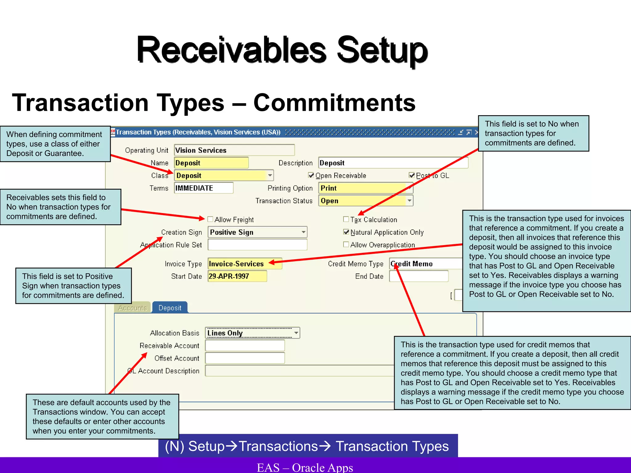 EAS – Oracle Apps
Receivables Setup
Transaction Types – Commitments
(N) SetupTransactions Transaction Types
This is the transaction type used for credit memos that
reference a commitment. If you create a deposit, then all credit
memos that reference this deposit must be assigned to this
credit memo type. You should choose a credit memo type that
has Post to GL and Open Receivable set to Yes. Receivables
displays a warning message if the credit memo type you choose
has Post to GL or Open Receivable set to No.
When defining commitment
types, use a class of either
Deposit or Guarantee.
Receivables sets this field to
No when transaction types for
commitments are defined.
This field is set to No when
transaction types for
commitments are defined.
This is the transaction type used for invoices
that reference a commitment. If you create a
deposit, then all invoices that reference this
deposit would be assigned to this invoice
type. You should choose an invoice type
that has Post to GL and Open Receivable
set to Yes. Receivables displays a warning
message if the invoice type you choose has
Post to GL or Open Receivable set to No.
This field is set to Positive
Sign when transaction types
for commitments are defined.
These are default accounts used by the
Transactions window. You can accept
these defaults or enter other accounts
when you enter your commitments.
 