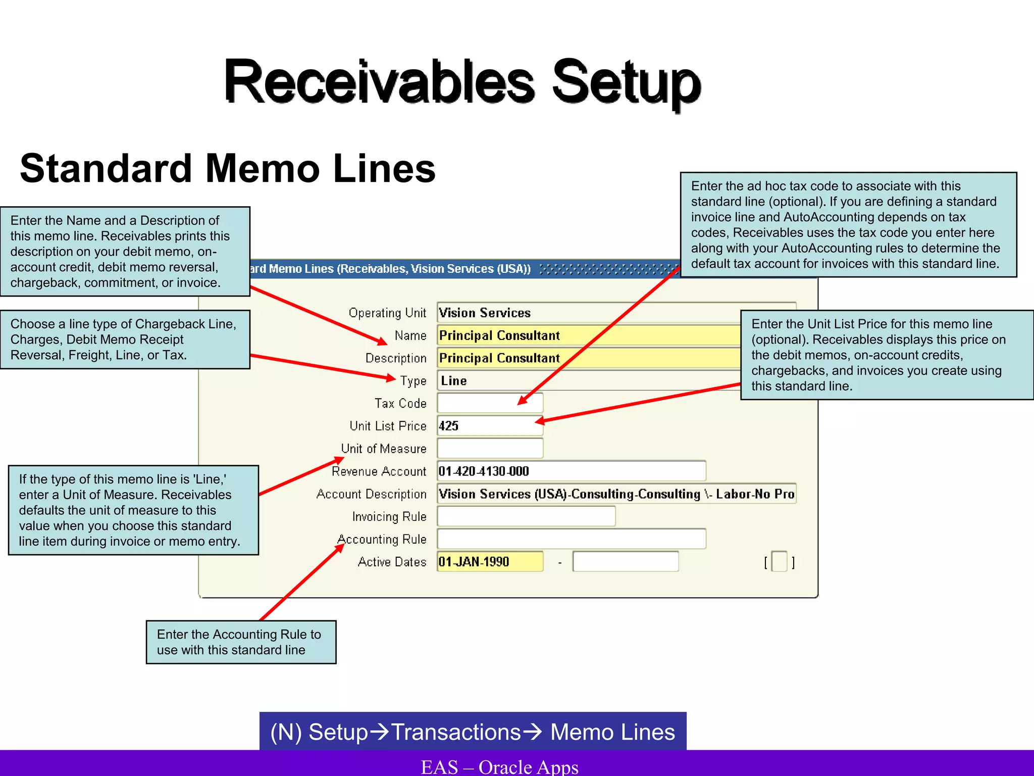 EAS – Oracle Apps
Receivables Setup
Standard Memo Lines
(N) SetupTransactions Memo Lines
Enter the Name and a Description of
this memo line. Receivables prints this
description on your debit memo, on-
account credit, debit memo reversal,
chargeback, commitment, or invoice.
Choose a line type of Chargeback Line,
Charges, Debit Memo Receipt
Reversal, Freight, Line, or Tax.
If the type of this memo line is 'Line,'
enter a Unit of Measure. Receivables
defaults the unit of measure to this
value when you choose this standard
line item during invoice or memo entry.
Enter the Accounting Rule to
use with this standard line
Enter the ad hoc tax code to associate with this
standard line (optional). If you are defining a standard
invoice line and AutoAccounting depends on tax
codes, Receivables uses the tax code you enter here
along with your AutoAccounting rules to determine the
default tax account for invoices with this standard line.
Enter the Unit List Price for this memo line
(optional). Receivables displays this price on
the debit memos, on-account credits,
chargebacks, and invoices you create using
this standard line.
 
