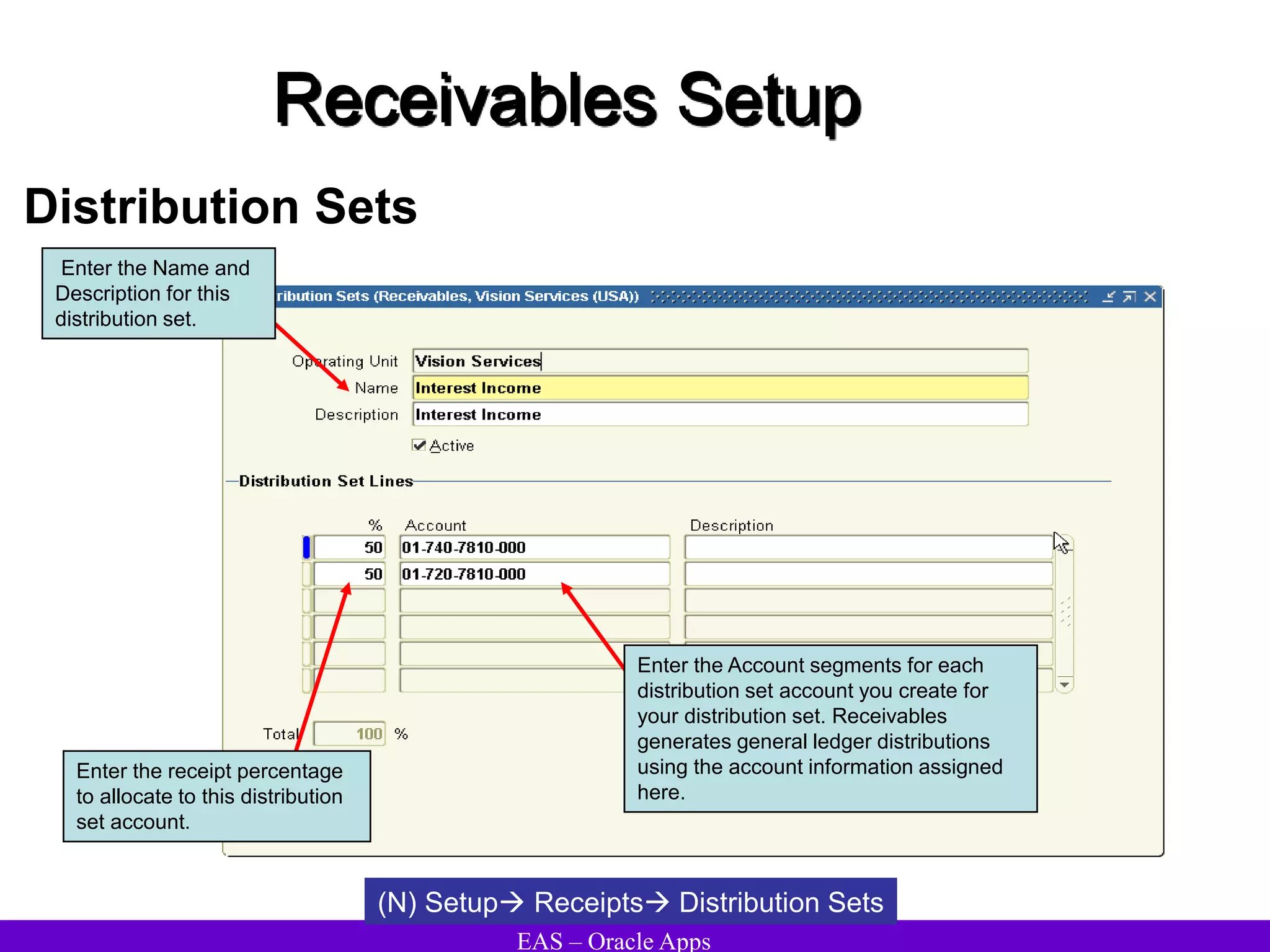 EAS – Oracle Apps
Receivables Setup
Distribution Sets
(N) Setup Receipts Distribution Sets
Enter the Name and
Description for this
distribution set.
Enter the receipt percentage
to allocate to this distribution
set account.
Enter the Account segments for each
distribution set account you create for
your distribution set. Receivables
generates general ledger distributions
using the account information assigned
here.
 
