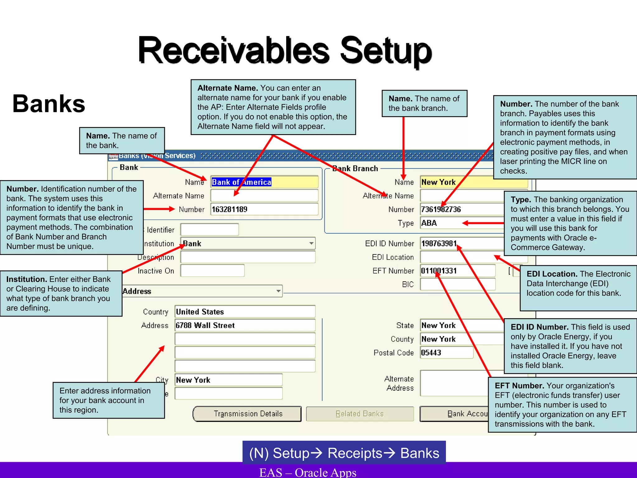 EAS – Oracle Apps
Receivables Setup
Banks
(N) Setup Receipts Banks
Enter address information
for your bank account in
this region.
Name. The name of
the bank.
Alternate Name. You can enter an
alternate name for your bank if you enable
the AP: Enter Alternate Fields profile
option. If you do not enable this option, the
Alternate Name field will not appear.
Number. Identification number of the
bank. The system uses this
information to identify the bank in
payment formats that use electronic
payment methods. The combination
of Bank Number and Branch
Number must be unique.
Institution. Enter either Bank
or Clearing House to indicate
what type of bank branch you
are defining.
Name. The name of
the bank branch.
Number. The number of the bank
branch. Payables uses this
information to identify the bank
branch in payment formats using
electronic payment methods, in
creating positive pay files, and when
laser printing the MICR line on
checks.
Type. The banking organization
to which this branch belongs. You
must enter a value in this field if
you will use this bank for
payments with Oracle e-
Commerce Gateway.
EDI Location. The Electronic
Data Interchange (EDI)
location code for this bank.
EDI ID Number. This field is used
only by Oracle Energy, if you
have installed it. If you have not
installed Oracle Energy, leave
this field blank.
EFT Number. Your organization's
EFT (electronic funds transfer) user
number. This number is used to
identify your organization on any EFT
transmissions with the bank.
 