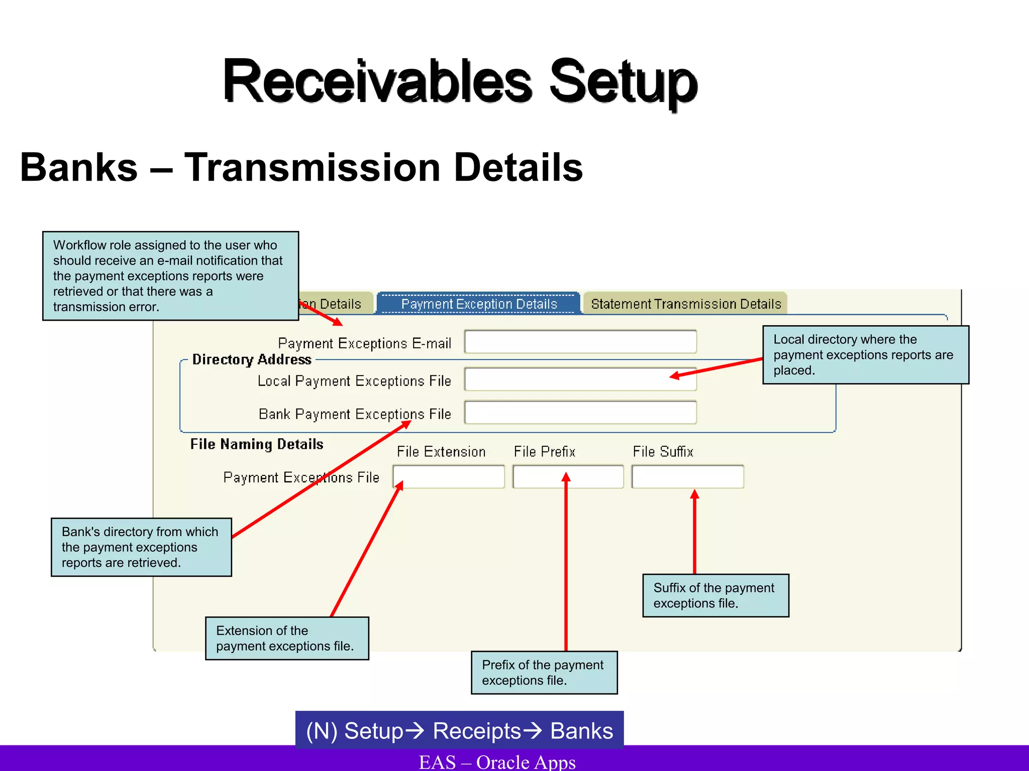 EAS – Oracle Apps
Receivables Setup
Banks – Transmission Details
(N) Setup Receipts Banks
Local directory where the
payment exceptions reports are
placed.
Workflow role assigned to the user who
should receive an e-mail notification that
the payment exceptions reports were
retrieved or that there was a
transmission error.
Suffix of the payment
exceptions file.
Bank's directory from which
the payment exceptions
reports are retrieved.
Extension of the
payment exceptions file.
Prefix of the payment
exceptions file.
 