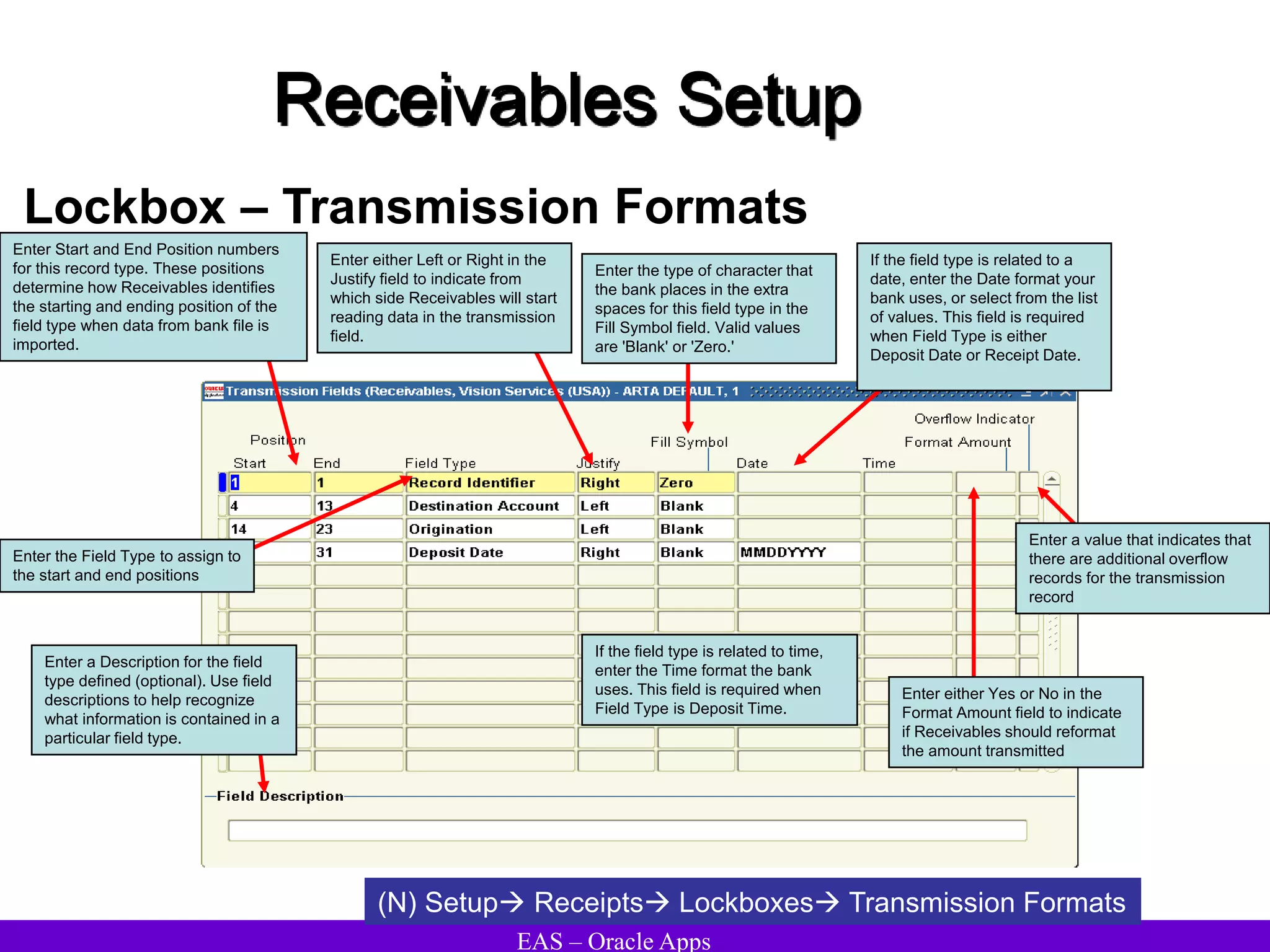 EAS – Oracle Apps
Receivables Setup
Lockbox – Transmission Formats
(N) Setup Receipts Lockboxes Transmission Formats
Enter a Description for the field
type defined (optional). Use field
descriptions to help recognize
what information is contained in a
particular field type.
Enter Start and End Position numbers
for this record type. These positions
determine how Receivables identifies
the starting and ending position of the
field type when data from bank file is
imported.
Enter the Field Type to assign to
the start and end positions
Enter either Left or Right in the
Justify field to indicate from
which side Receivables will start
reading data in the transmission
field.
Enter the type of character that
the bank places in the extra
spaces for this field type in the
Fill Symbol field. Valid values
are 'Blank' or 'Zero.'
If the field type is related to a
date, enter the Date format your
bank uses, or select from the list
of values. This field is required
when Field Type is either
Deposit Date or Receipt Date.
If the field type is related to time,
enter the Time format the bank
uses. This field is required when
Field Type is Deposit Time.
Enter either Yes or No in the
Format Amount field to indicate
if Receivables should reformat
the amount transmitted
Enter a value that indicates that
there are additional overflow
records for the transmission
record
 