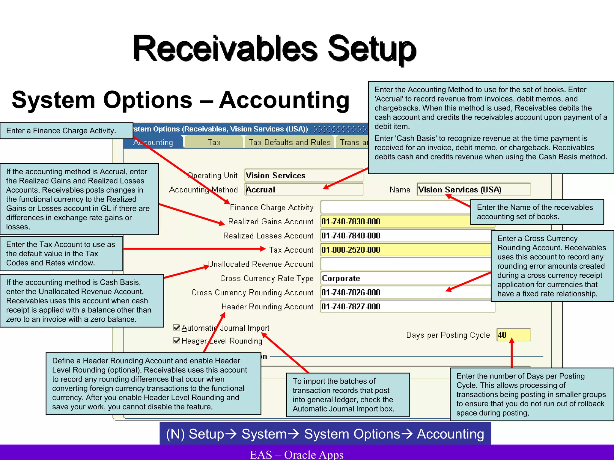EAS – Oracle Apps
Receivables Setup
System Options – Accounting
(N) Setup System System Options Accounting
Enter the Accounting Method to use for the set of books. Enter
'Accrual' to record revenue from invoices, debit memos, and
chargebacks. When this method is used, Receivables debits the
cash account and credits the receivables account upon payment of a
debit item.
Enter 'Cash Basis' to recognize revenue at the time payment is
received for an invoice, debit memo, or chargeback. Receivables
debits cash and credits revenue when using the Cash Basis method.
Enter the Tax Account to use as
the default value in the Tax
Codes and Rates window.
If the accounting method is Cash Basis,
enter the Unallocated Revenue Account.
Receivables uses this account when cash
receipt is applied with a balance other than
zero to an invoice with a zero balance.
Enter a Cross Currency
Rounding Account. Receivables
uses this account to record any
rounding error amounts created
during a cross currency receipt
application for currencies that
have a fixed rate relationship.
Enter the Name of the receivables
accounting set of books.
Enter a Finance Charge Activity.
If the accounting method is Accrual, enter
the Realized Gains and Realized Losses
Accounts. Receivables posts changes in
the functional currency to the Realized
Gains or Losses account in GL if there are
differences in exchange rate gains or
losses.
Define a Header Rounding Account and enable Header
Level Rounding (optional). Receivables uses this account
to record any rounding differences that occur when
converting foreign currency transactions to the functional
currency. After you enable Header Level Rounding and
save your work, you cannot disable the feature.
To import the batches of
transaction records that post
into general ledger, check the
Automatic Journal Import box.
Enter the number of Days per Posting
Cycle. This allows processing of
transactions being posting in smaller groups
to ensure that you do not run out of rollback
space during posting.
 