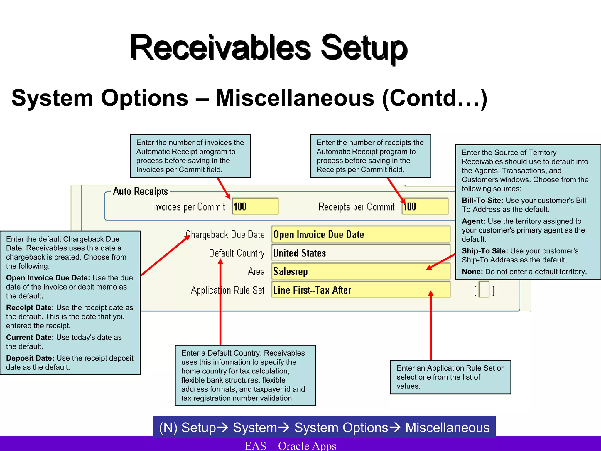 EAS – Oracle Apps
Receivables Setup
System Options – Miscellaneous (Contd…)
(N) Setup System System Options Miscellaneous
Enter a Default Country. Receivables
uses this information to specify the
home country for tax calculation,
flexible bank structures, flexible
address formats, and taxpayer id and
tax registration number validation.
Enter the number of receipts the
Automatic Receipt program to
process before saving in the
Receipts per Commit field.
Enter the default Chargeback Due
Date. Receivables uses this date a
chargeback is created. Choose from
the following:
Open Invoice Due Date: Use the due
date of the invoice or debit memo as
the default.
Receipt Date: Use the receipt date as
the default. This is the date that you
entered the receipt.
Current Date: Use today's date as
the default.
Deposit Date: Use the receipt deposit
date as the default.
Enter the number of invoices the
Automatic Receipt program to
process before saving in the
Invoices per Commit field.
Enter the Source of Territory
Receivables should use to default into
the Agents, Transactions, and
Customers windows. Choose from the
following sources:
Bill-To Site: Use your customer's Bill-
To Address as the default.
Agent: Use the territory assigned to
your customer's primary agent as the
default.
Ship-To Site: Use your customer's
Ship-To Address as the default.
None: Do not enter a default territory.
Enter an Application Rule Set or
select one from the list of
values.
 