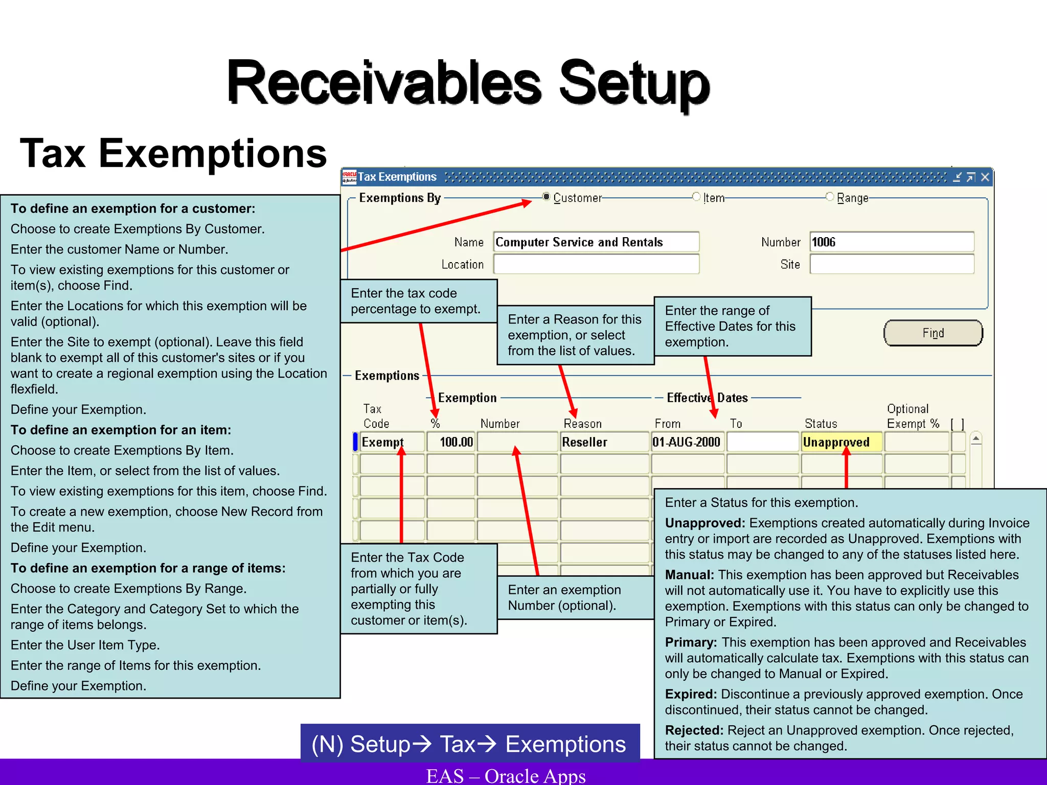 EAS – Oracle Apps
Receivables Setup
Tax Exemptions
(N) Setup Tax Exemptions
Enter the Tax Code
from which you are
partially or fully
exempting this
customer or item(s).
Enter the tax code
percentage to exempt.
Enter an exemption
Number (optional).
Enter a Reason for this
exemption, or select
from the list of values.
Enter the range of
Effective Dates for this
exemption.
Enter a Status for this exemption.
Unapproved: Exemptions created automatically during Invoice
entry or import are recorded as Unapproved. Exemptions with
this status may be changed to any of the statuses listed here.
Manual: This exemption has been approved but Receivables
will not automatically use it. You have to explicitly use this
exemption. Exemptions with this status can only be changed to
Primary or Expired.
Primary: This exemption has been approved and Receivables
will automatically calculate tax. Exemptions with this status can
only be changed to Manual or Expired.
Expired: Discontinue a previously approved exemption. Once
discontinued, their status cannot be changed.
Rejected: Reject an Unapproved exemption. Once rejected,
their status cannot be changed.
To define an exemption for a customer:
Choose to create Exemptions By Customer.
Enter the customer Name or Number.
To view existing exemptions for this customer or
item(s), choose Find.
Enter the Locations for which this exemption will be
valid (optional).
Enter the Site to exempt (optional). Leave this field
blank to exempt all of this customer's sites or if you
want to create a regional exemption using the Location
flexfield.
Define your Exemption.
To define an exemption for an item:
Choose to create Exemptions By Item.
Enter the Item, or select from the list of values.
To view existing exemptions for this item, choose Find.
To create a new exemption, choose New Record from
the Edit menu.
Define your Exemption.
To define an exemption for a range of items:
Choose to create Exemptions By Range.
Enter the Category and Category Set to which the
range of items belongs.
Enter the User Item Type.
Enter the range of Items for this exemption.
Define your Exemption.
 