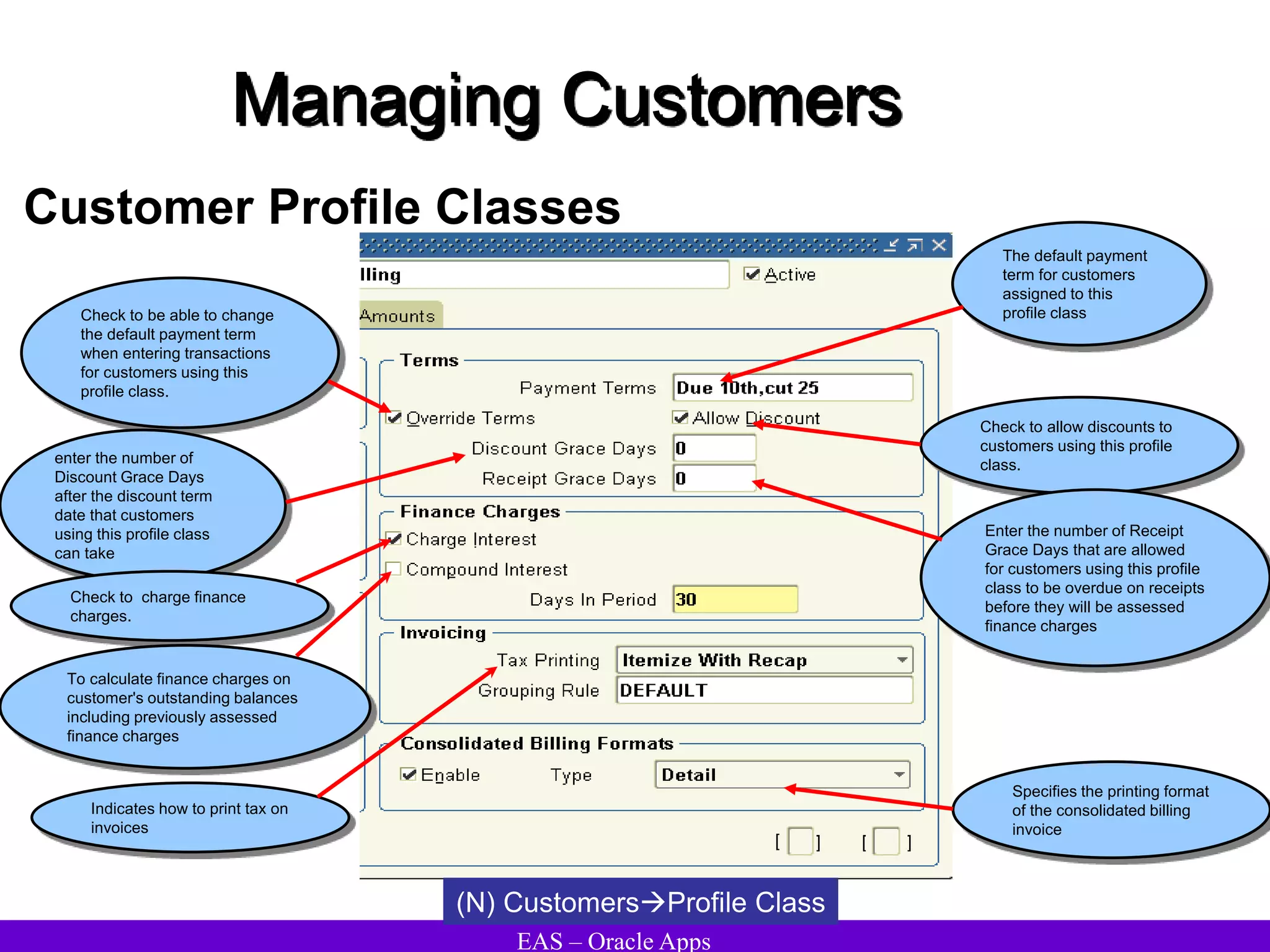 EAS – Oracle Apps
Managing Customers
Customer Profile Classes
(N) CustomersProfile Class
The default payment
term for customers
assigned to this
profile class
Check to be able to change
the default payment term
when entering transactions
for customers using this
profile class.
enter the number of
Discount Grace Days
after the discount term
date that customers
using this profile class
can take
Check to allow discounts to
customers using this profile
class.
Enter the number of Receipt
Grace Days that are allowed
for customers using this profile
class to be overdue on receipts
before they will be assessed
finance charges
Check to charge finance
charges.
To calculate finance charges on
customer's outstanding balances
including previously assessed
finance charges
Indicates how to print tax on
invoices
Specifies the printing format
of the consolidated billing
invoice
 