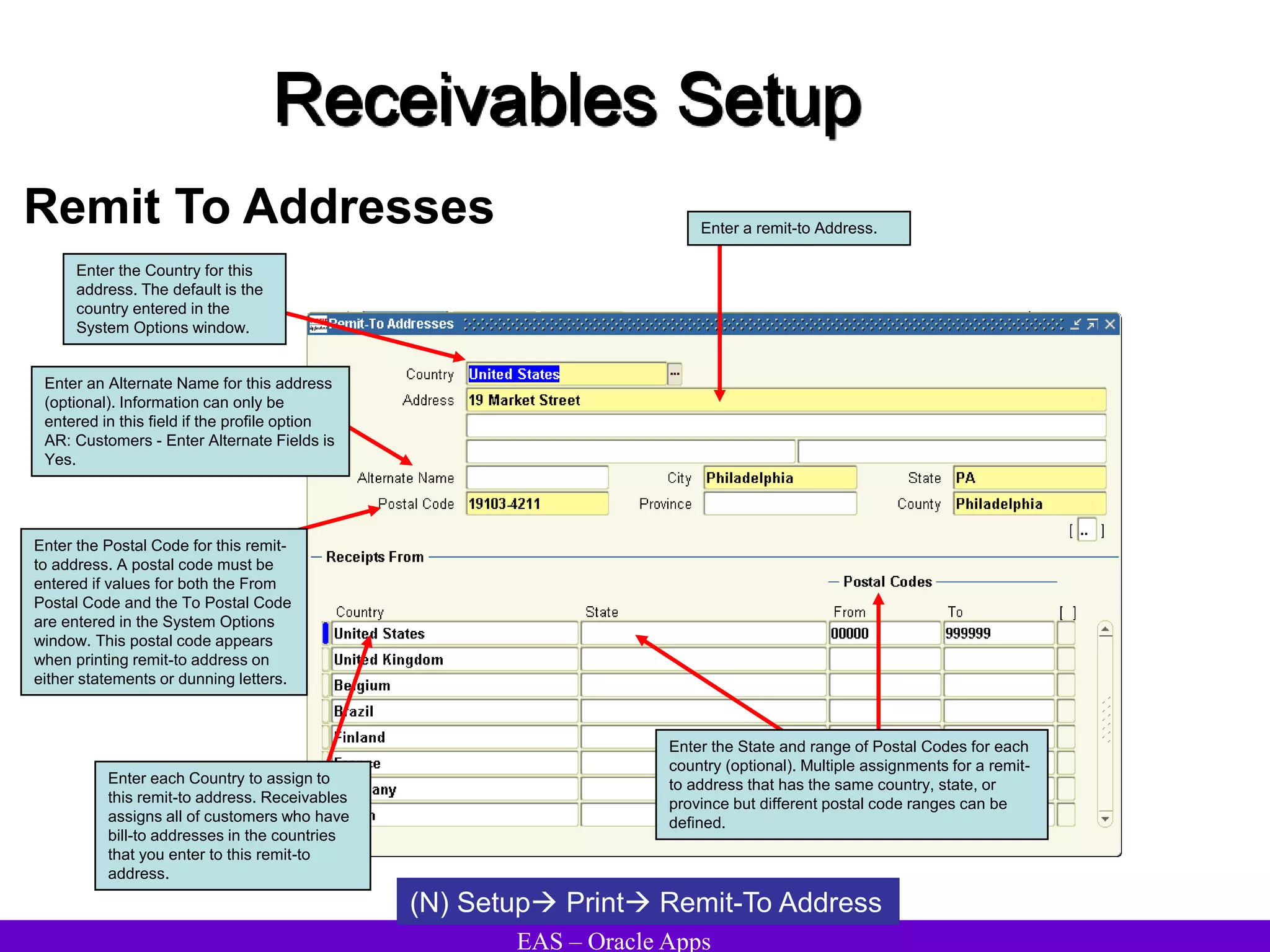 EAS – Oracle Apps
Receivables Setup
Remit To Addresses
(N) Setup Print Remit-To Address
Enter the Country for this
address. The default is the
country entered in the
System Options window.
Enter an Alternate Name for this address
(optional). Information can only be
entered in this field if the profile option
AR: Customers - Enter Alternate Fields is
Yes.
Enter the State and range of Postal Codes for each
country (optional). Multiple assignments for a remit-
to address that has the same country, state, or
province but different postal code ranges can be
defined.
Enter a remit-to Address.
Enter the Postal Code for this remit-
to address. A postal code must be
entered if values for both the From
Postal Code and the To Postal Code
are entered in the System Options
window. This postal code appears
when printing remit-to address on
either statements or dunning letters.
Enter each Country to assign to
this remit-to address. Receivables
assigns all of customers who have
bill-to addresses in the countries
that you enter to this remit-to
address.
 