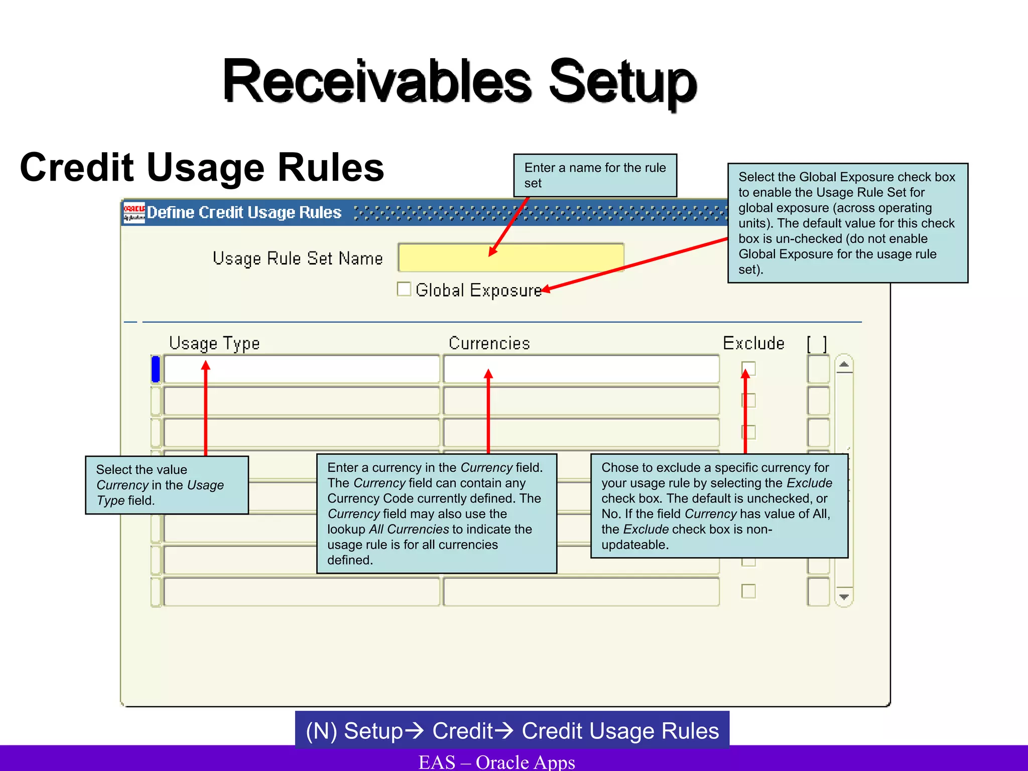 EAS – Oracle Apps
Receivables Setup
Credit Usage Rules
(N) Setup Credit Credit Usage Rules
Enter a name for the rule
set Select the Global Exposure check box
to enable the Usage Rule Set for
global exposure (across operating
units). The default value for this check
box is un-checked (do not enable
Global Exposure for the usage rule
set).
Select the value
Currency in the Usage
Type field.
Enter a currency in the Currency field.
The Currency field can contain any
Currency Code currently defined. The
Currency field may also use the
lookup All Currencies to indicate the
usage rule is for all currencies
defined.
Chose to exclude a specific currency for
your usage rule by selecting the Exclude
check box. The default is unchecked, or
No. If the field Currency has value of All,
the Exclude check box is non-
updateable.
 