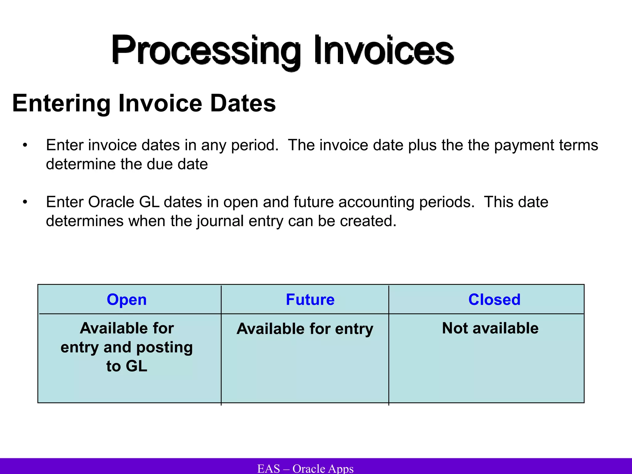 EAS – Oracle Apps
Processing Invoices
Entering Invoice Dates
• Enter invoice dates in any period. The invoice date plus the the payment terms
determine the due date
• Enter Oracle GL dates in open and future accounting periods. This date
determines when the journal entry can be created.
Open
Available for
entry and posting
to GL
Future Closed
Available for entry Not available
 