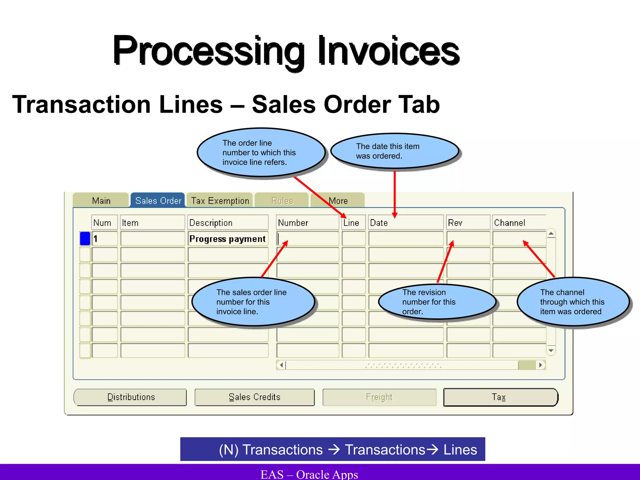 EAS – Oracle Apps
Processing Invoices
Transaction Lines – Sales Order Tab
(N) Transactions  Transactions Lines
The date this item
was ordered.
The order line
number to which this
invoice line refers.
The sales order line
number for this
invoice line.
The revision
number for this
order.
The channel
through which this
item was ordered
 