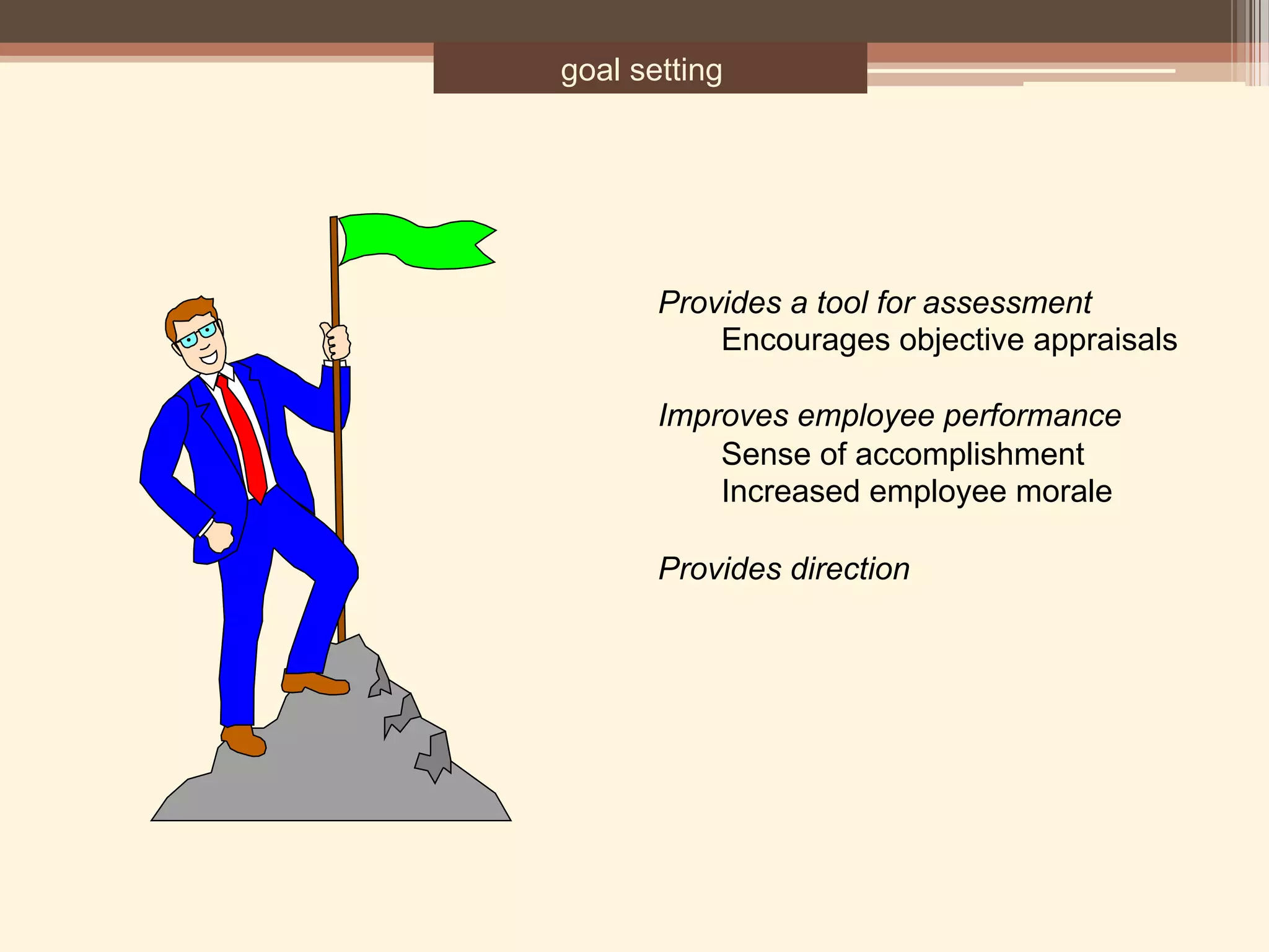 goal setting
Provides a tool for assessment
Encourages objective appraisals
Improves employee performance
Sense of accomplishment
Increased employee morale
Provides direction
 