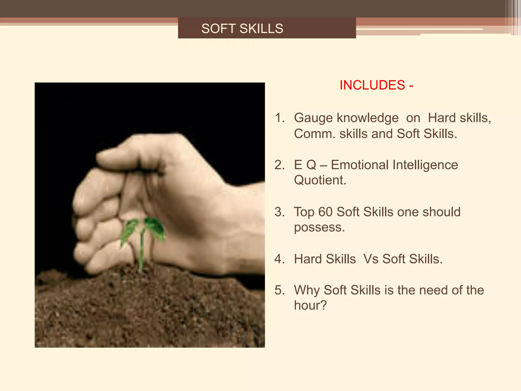 SOFT SKILLS
INDUCTION
1.  Gauge knowledge on Hard skills,
Comm. skills and Soft Skills.
2. E Q – Emotional Intelligence
Quotient.
3. Top 60 Soft Skills one should
possess.
4.  Hard Skills Vs Soft Skills.
5.  Why Soft Skills is the need of the
hour?
INCLUDES -
 