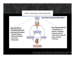 BONE MINERAL METABOLISM
CKD and Bone Mineral Metabolism
Secondary hyperparathyroidism
Skeletal Effects:
CKD-MBD (Mineral
and Bone Disorder)
Osteitis fibrosa
Demineralization
Fractures
Bone pain
Non-Skeletal Effects:
Calcification of
arteries, including
coronary arteries
Skin ulcers and soft
tissue necrosis
Pruritus
Tanna, Gemini. Chronic Kidney Disease [unpublished lecture notes]. PHM
202, Leslie Dan Faculty of Pharmacy. Lecture given November 2013.
 