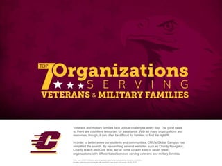 Veterans and military families face unique challenges every day. The good news
is, there are countless resources for assistance. With so many organizations and
resources, though, it can often be difficult for families to find the right fit.
In order to better serve our students and communities, CMU's Global Campus has
simplified the search. By researching several websites such as Charity Navigator,
Charity Watch and Give Well, we've come up with a list of seven great
organizations with differentiated services serving veterans and military families.
CMU is an AA/EO institution, providing equal opportunity to all persons, including minorities,
females, veterans and individuals with disabilities (see cmich.edu/ocrie). 46133 9/16
 