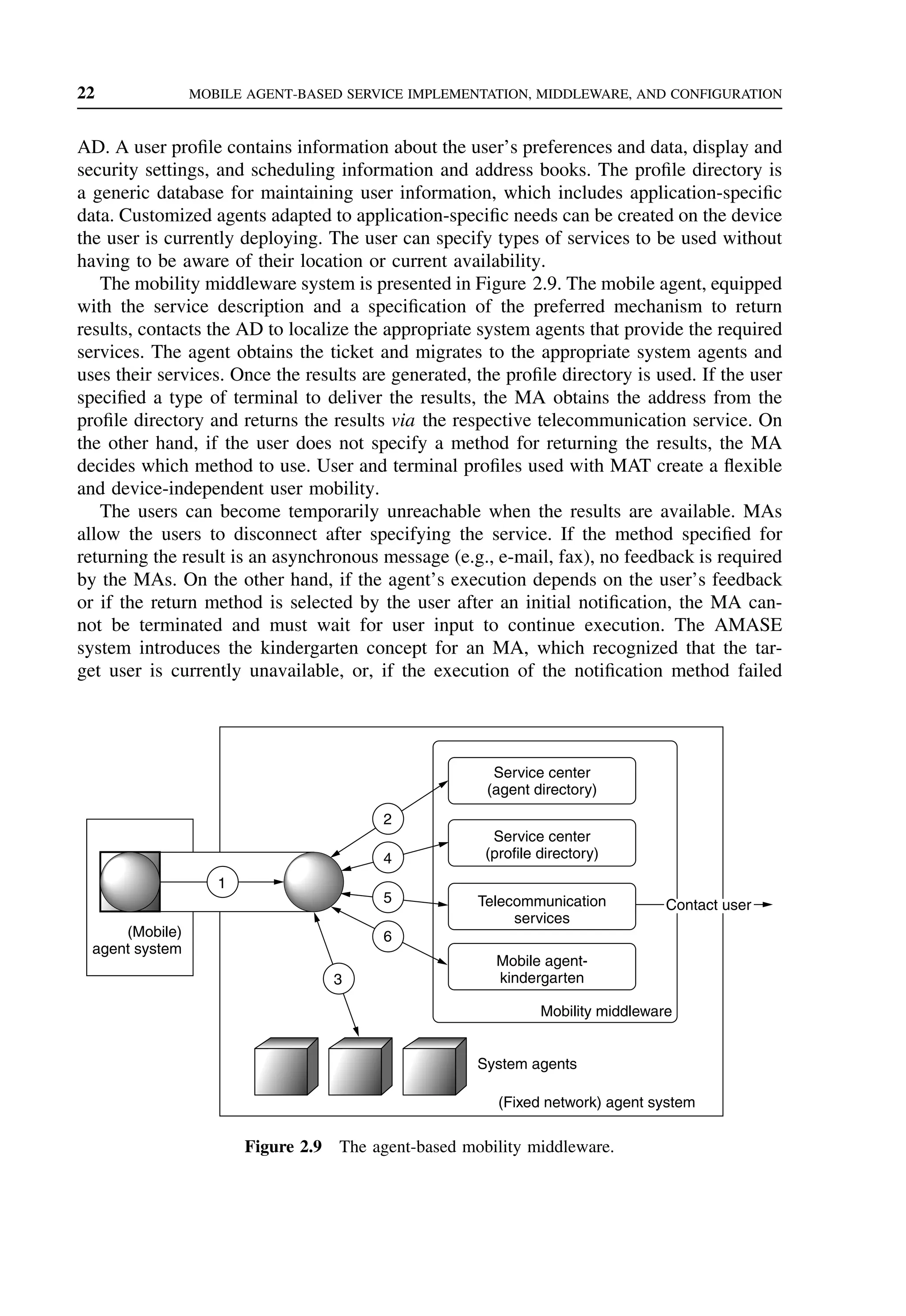 22 MOBILE AGENT-BASED SERVICE IMPLEMENTATION, MIDDLEWARE, AND CONFIGURATION
AD. A user profile contains information about the user’s preferences and data, display and
security settings, and scheduling information and address books. The profile directory is
a generic database for maintaining user information, which includes application-specific
data. Customized agents adapted to application-specific needs can be created on the device
the user is currently deploying. The user can specify types of services to be used without
having to be aware of their location or current availability.
The mobility middleware system is presented in Figure 2.9. The mobile agent, equipped
with the service description and a specification of the preferred mechanism to return
results, contacts the AD to localize the appropriate system agents that provide the required
services. The agent obtains the ticket and migrates to the appropriate system agents and
uses their services. Once the results are generated, the profile directory is used. If the user
specified a type of terminal to deliver the results, the MA obtains the address from the
profile directory and returns the results via the respective telecommunication service. On
the other hand, if the user does not specify a method for returning the results, the MA
decides which method to use. User and terminal profiles used with MAT create a flexible
and device-independent user mobility.
The users can become temporarily unreachable when the results are available. MAs
allow the users to disconnect after specifying the service. If the method specified for
returning the result is an asynchronous message (e.g., e-mail, fax), no feedback is required
by the MAs. On the other hand, if the agent’s execution depends on the user’s feedback
or if the return method is selected by the user after an initial notification, the MA can-
not be terminated and must wait for user input to continue execution. The AMASE
system introduces the kindergarten concept for an MA, which recognized that the tar-
get user is currently unavailable, or, if the execution of the notification method failed
Service center
(agent directory)
Service center
(profile directory)
Telecommunication
services
Mobile agent-
kindergarten
Mobility middleware
(Fixed network) agent system
System agents
Contact user
(Mobile)
agent system
3
6
5
4
2
1
Figure 2.9 The agent-based mobility middleware.
 