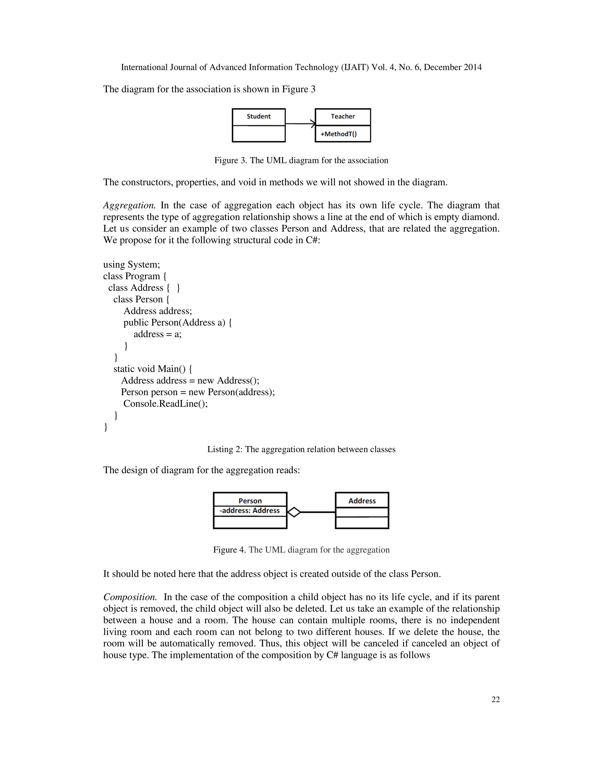 International Journal of Advanced Information Technology (IJAIT) Vol. 4, No. 6, December 2014 22 The diagram for the association is shown in Figure 3 Figure 3. The UML diagram for the association The constructors, properties, and void in methods we will not showed in the diagram. Aggregation. In the case of aggregation each object has its own life cycle. The diagram that represents the type of aggregation relationship shows a line at the end of which is empty diamond. Let us consider an example of two classes Person and Address, that are related the aggregation. We propose for it the following structural code in C#: using System; class Program { class Address { } class Person { Address address; public Person(Address a) { address = a; } } static void Main() { Address address = new Address(); Person person = new Person(address); Console.ReadLine(); } } Listing 2: The aggregation relation between classes The design of diagram for the aggregation reads: Figure 4. The UML diagram for the aggregation It should be noted here that the address object is created outside of the class Person. Composition. In the case of the composition a child object has no its life cycle, and if its parent object is removed, the child object will also be deleted. Let us take an example of the relationship between a house and a room. The house can contain multiple rooms, there is no independent living room and each room can not belong to two different houses. If we delete the house, the room will be automatically removed. Thus, this object will be canceled if canceled an object of house type. The implementation of the composition by C# language is as follows 