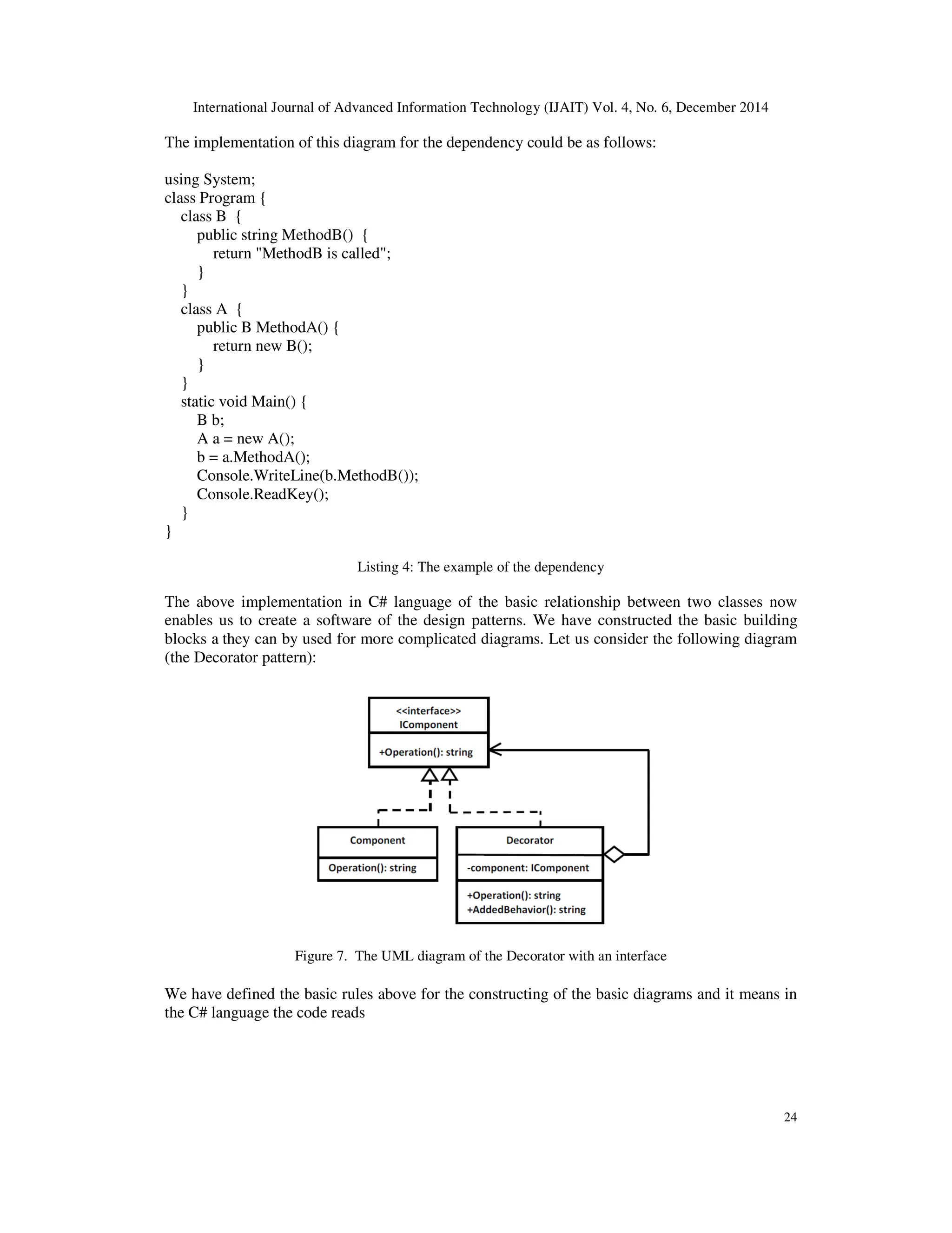 International Journal of Advanced Information Technology (IJAIT) Vol. 4, No. 6, December 2014 24 The implementation of this diagram for the dependency could be as follows: using System; class Program { class B { public string MethodB() { return "MethodB is called"; } } class A { public B MethodA() { return new B(); } } static void Main() { B b; A a = new A(); b = a.MethodA(); Console.WriteLine(b.MethodB()); Console.ReadKey(); } } Listing 4: The example of the dependency The above implementation in C# language of the basic relationship between two classes now enables us to create a software of the design patterns. We have constructed the basic building blocks a they can by used for more complicated diagrams. Let us consider the following diagram (the Decorator pattern): Figure 7. The UML diagram of the Decorator with an interface We have defined the basic rules above for the constructing of the basic diagrams and it means in the C# language the code reads 