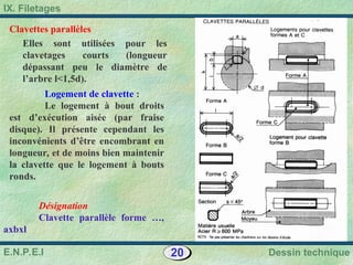 20 Dessin technique
IX. Filetages
E.N.P.E.I
Clavettes parallèles
Elles sont utilisées pour les
clavetages courts (longueur
dépassant peu le diamètre de
l’arbre l<1,5d).
Logement de clavette :
Le logement à bout droits
est d’exécution aisée (par fraise
disque). Il présente cependant les
inconvénients d’être encombrant en
longueur, et de moins bien maintenir
la clavette que le logement à bouts
ronds.
Désignation
Clavette parallèle forme …,
axbxl
 