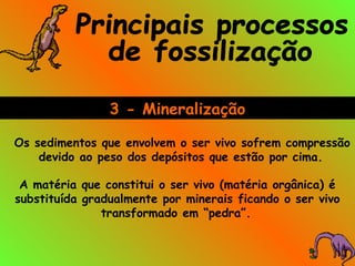 Os sedimentos que envolvem o ser vivo sofrem compressão
devido ao peso dos depósitos que estão por cima.
A matéria que constitui o ser vivo (matéria orgânica) é
substituída gradualmente por minerais ficando o ser vivo
transformado em “pedra”.
3 - Mineralização
 