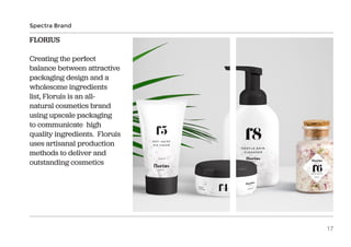 FLORIUS
Creating the perfect
balance between attractive
packaging design and a
wholesome ingredients
list, Floruis is an all-
natural cosmetics brand
using upscale packaging
to communicate high
quality ingredients. Floruis
uses artisanal production
methods to deliver and
outstanding cosmetics
Spectra Brand
17
 