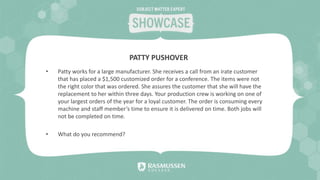 • Patty works for a large manufacturer. She receives a call from an irate customer
that has placed a $1,500 customized order for a conference. The items were not
the right color that was ordered. She assures the customer that she will have the
replacement to her within three days. Your production crew is working on one of
your largest orders of the year for a loyal customer. The order is consuming every
machine and staff member’s time to ensure it is delivered on time. Both jobs will
not be completed on time.
• What do you recommend?
PATTY PUSHOVER
 