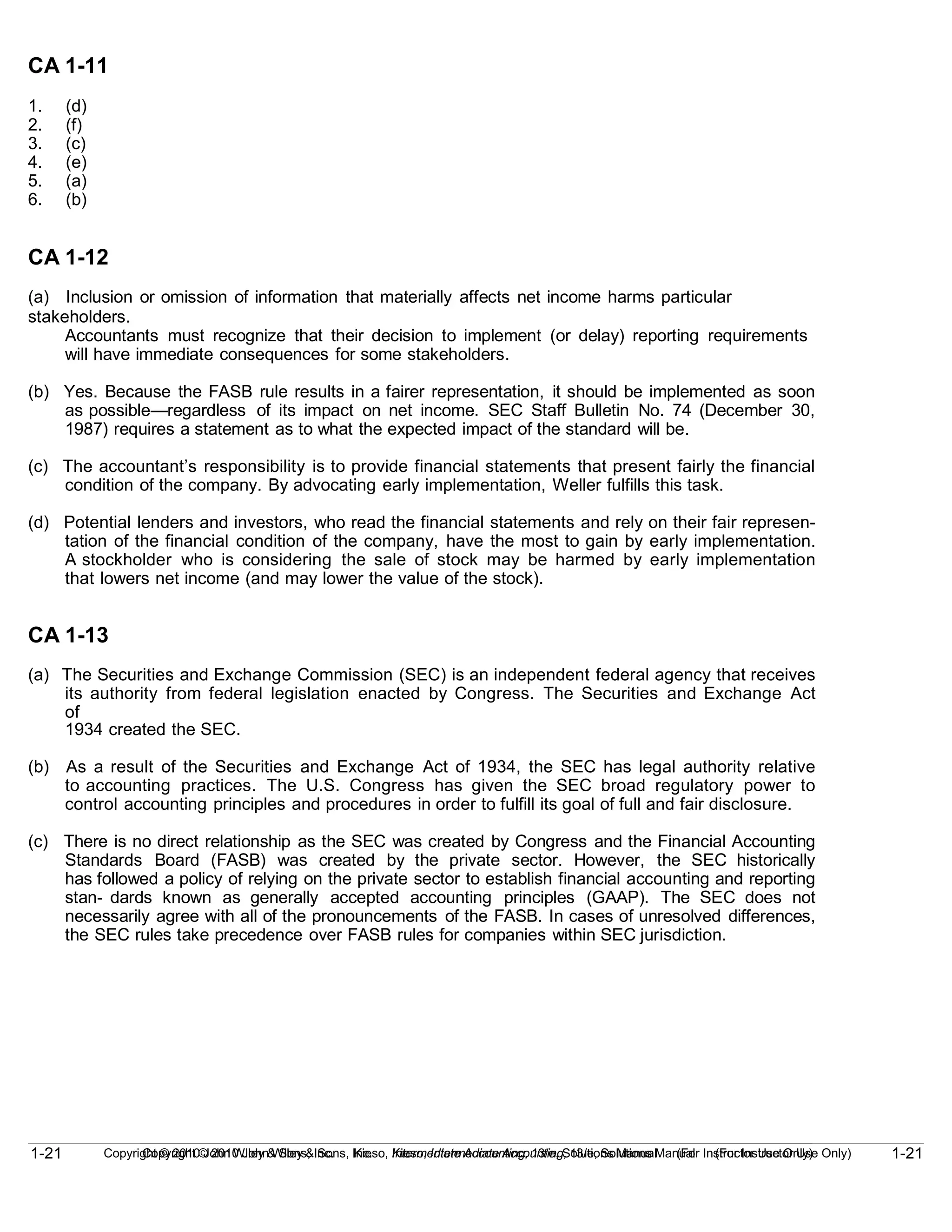 1-21
Copyright © 2010 John Wiley & Sons, Inc. Kieso, Intermediate Accounting, 13/e, Solutions Manual (For Instructor Use Only)
1-21 Copyright © 2010 John Wiley & Sons, Inc. Kieso, Intermediate Accounting, 13/e, Solutions Manual (For Instructor Use Only)
CA 1-11
1. (d)
2. (f)
3. (c)
4. (e)
5. (a)
6. (b)
CA 1-12
(a) Inclusion or omission of information that materially affects net income harms particular
stakeholders.
Accountants must recognize that their decision to implement (or delay) reporting requirements
will have immediate consequences for some stakeholders.
(b) Yes. Because the FASB rule results in a fairer representation, it should be implemented as soon
as possible—regardless of its impact on net income. SEC Staff Bulletin No. 74 (December 30,
1987) requires a statement as to what the expected impact of the standard will be.
(c) The accountant’s responsibility is to provide financial statements that present fairly the financial
condition of the company. By advocating early implementation, Weller fulfills this task.
(d) Potential lenders and investors, who read the financial statements and rely on their fair represen-
tation of the financial condition of the company, have the most to gain by early implementation.
A stockholder who is considering the sale of stock may be harmed by early implementation
that lowers net income (and may lower the value of the stock).
CA 1-13
(a) The Securities and Exchange Commission (SEC) is an independent federal agency that receives
its authority from federal legislation enacted by Congress. The Securities and Exchange Act
of
1934 created the SEC.
(b) As a result of the Securities and Exchange Act of 1934, the SEC has legal authority relative
to accounting practices. The U.S. Congress has given the SEC broad regulatory power to
control accounting principles and procedures in order to fulfill its goal of full and fair disclosure.
(c) There is no direct relationship as the SEC was created by Congress and the Financial Accounting
Standards Board (FASB) was created by the private sector. However, the SEC historically
has followed a policy of relying on the private sector to establish financial accounting and reporting
stan- dards known as generally accepted accounting principles (GAAP). The SEC does not
necessarily agree with all of the pronouncements of the FASB. In cases of unresolved differences,
the SEC rules take precedence over FASB rules for companies within SEC jurisdiction.
 
