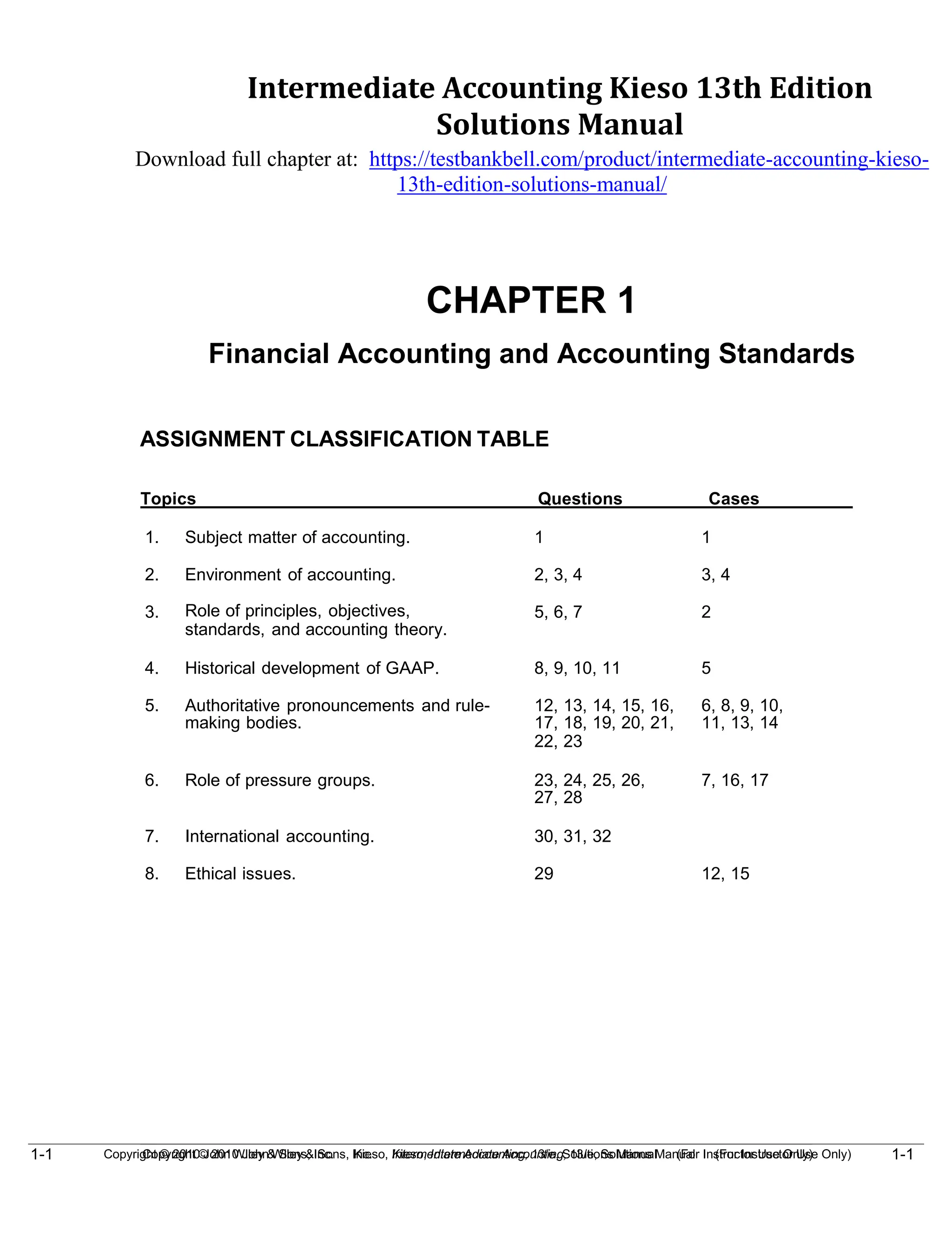 1-1
Copyright © 2010 John Wiley & Sons, Inc. Kieso, Intermediate Accounting, 13/e, Solutions Manual (For Instructor Use Only)
1-1 Copyright © 2010 John Wiley & Sons, Inc. Kieso, Intermediate Accounting, 13/e, Solutions Manual (For Instructor Use Only)
Intermediate Accounting Kieso 13th Edition
Solutions Manual
Download full chapter at: https://testbankbell.com/product/intermediate-accounting-kieso-
13th-edition-solutions-manual/
CHAPTER 1
Financial Accounting and Accounting Standards
ASSIGNMENT CLASSIFICATION TABLE
Topics Questions Cases
1. Subject matter of accounting. 1 1
2. Environment of accounting. 2, 3, 4 3, 4
3. Role of principles, objectives,
standards, and accounting theory.
5, 6, 7 2
4. Historical development of GAAP. 8, 9, 10, 11 5
5. Authoritative pronouncements and rule- 12, 13, 14, 15, 16, 6, 8, 9, 10,
making bodies. 17, 18, 19, 20, 21, 11, 13, 14
22, 23
6. Role of pressure groups. 23, 24, 25, 26, 7, 16, 17
27, 28
7. International accounting. 30, 31, 32
8. Ethical issues. 29 12, 15
 