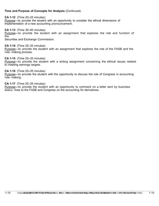 1-10
Copyright © 2010 John Wiley & Sons, Inc. Kieso, Intermediate Accounting, 13/e, Solutions Manual (For Instructor Use Only)
1-10 Copyright © 2010 John Wiley & Sons, Inc. Kieso, Intermediate Accounting, 13/e, Solutions Manual (For Instructor Use Only)
Time and Purpose of Concepts for Analysis (Continued)
CA 1-12 (Time 20–25 minutes)
Purpose—to provide the student with an opportunity to consider the ethical dimensions of
implementation of a new accounting pronouncement.
CA 1-13 (Time 30–40 minutes)
Purpose—to provide the student with an assignment that explores the role and function of
the
Securities and Exchange Commission.
CA 1-14 (Time 25–35 minutes)
Purpose—to provide the student with an assignment that explores the role of the FASB and the
rule- making process.
CA 1-15 (Time 25–35 minutes)
Purpose—to provide the student with a writing assignment concerning the ethical issues related
to meeting earnings targets.
CA 1-16 (Time 25–35 minutes)
Purpose—to provide the student with the opportunity to discuss the role of Congress in accounting
rule- making.
CA 1-17 (Time 25–35 minutes)
Purpose—to provide the student with an opportunity to comment on a letter sent by business
execu- tives to the FASB and Congress on the accounting for derivatives.
 