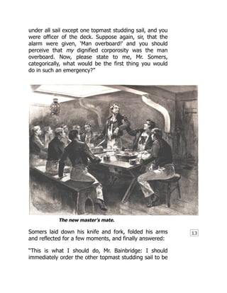 13
under all sail except one topmast studding sail, and you
were officer of the deck. Suppose again, sir, that the
alarm were given, ‘Man overboard!’ and you should
perceive that my dignified corporosity was the man
overboard. Now, please state to me, Mr. Somers,
categorically, what would be the first thing you would
do in such an emergency?”
The new master’s mate.
Somers laid down his knife and fork, folded his arms
and reflected for a few moments, and finally answered:
“This is what I should do, Mr. Bainbridge: I should
immediately order the other topmast studding sail to be
 