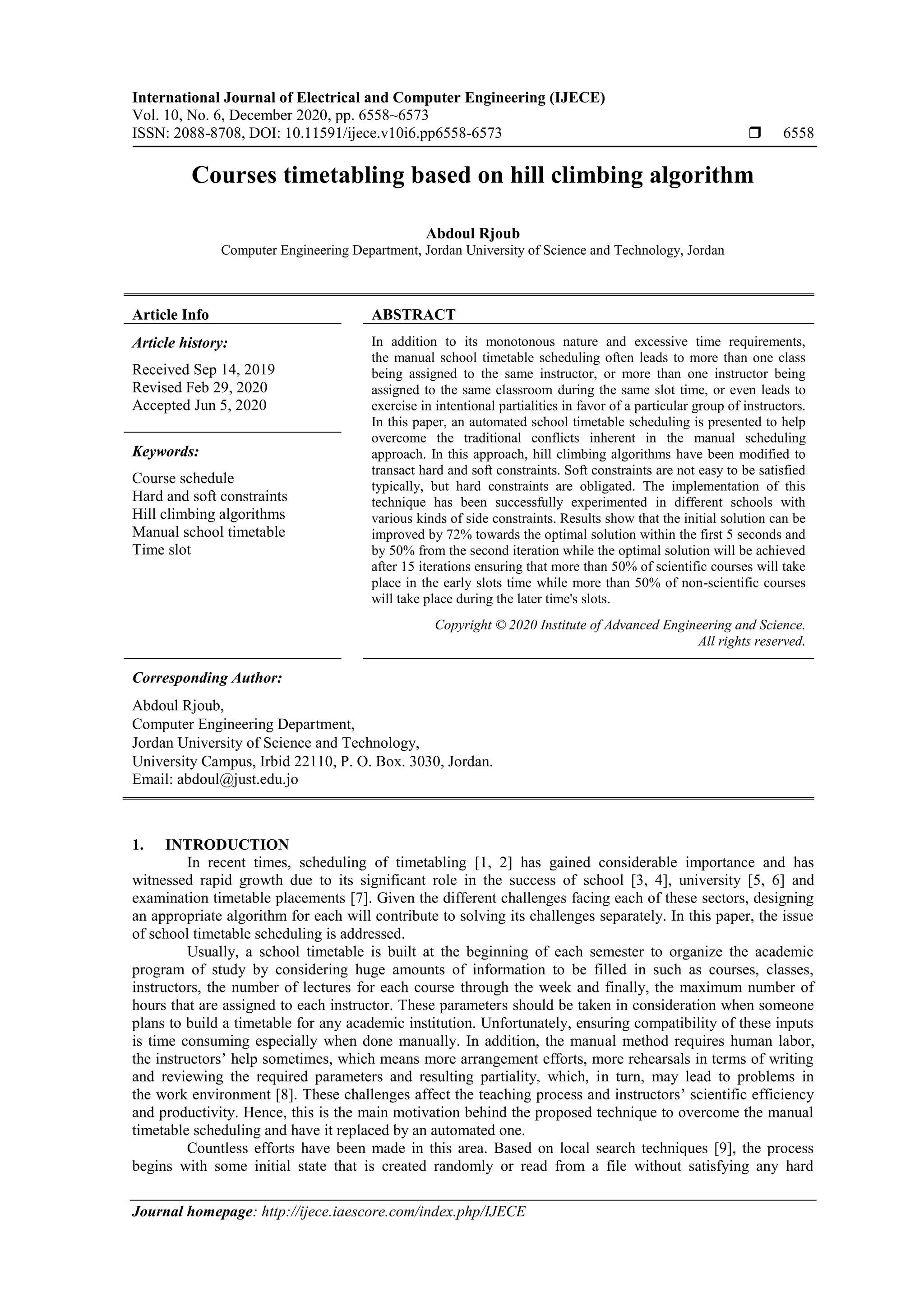 Courses timetabling based on hill climbing algorithm | PDF