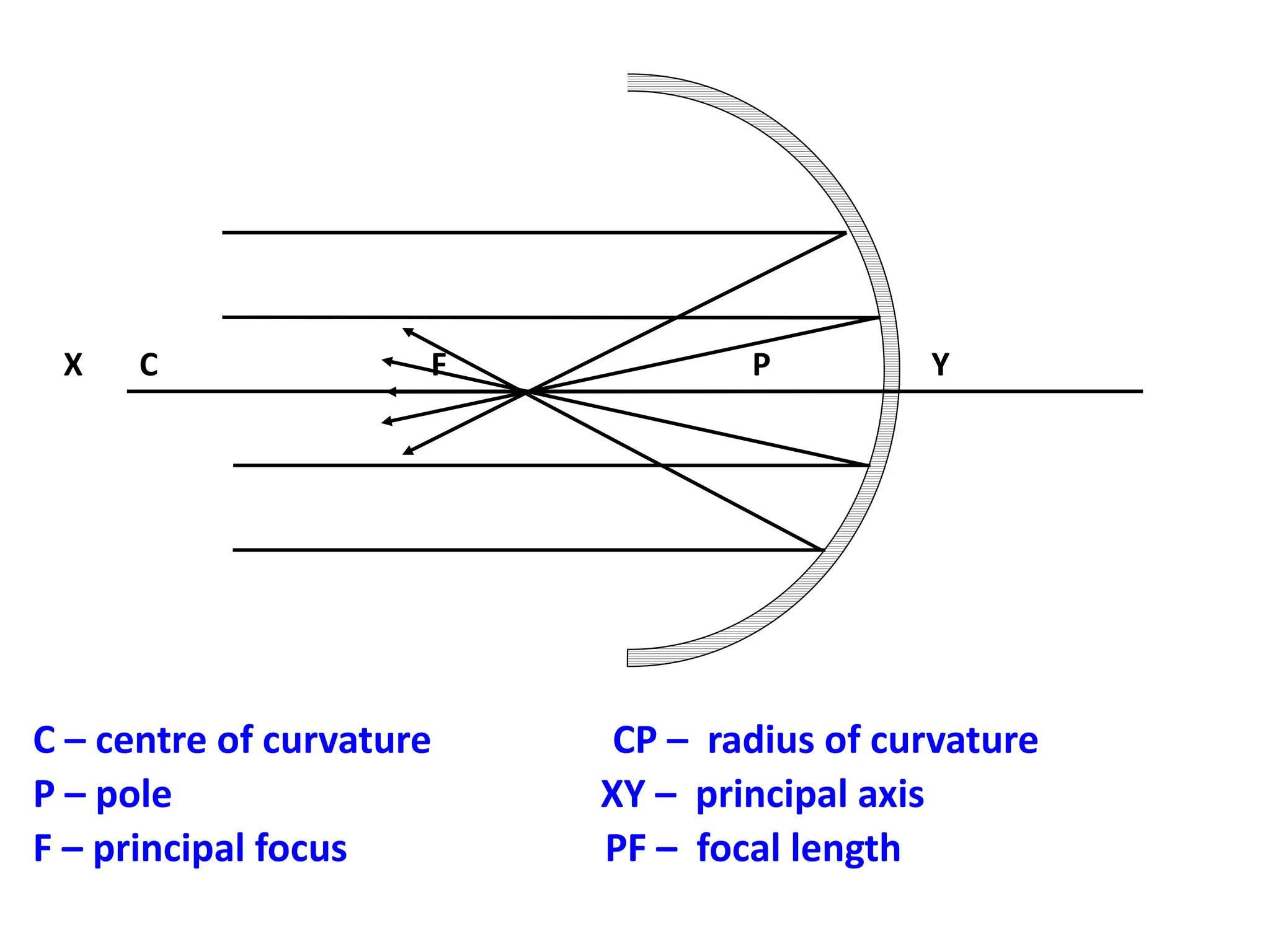 X C F P Y
C – centre of curvature CP – radius of curvature
P – pole XY – principal axis
F – principal focus PF – focal length
 