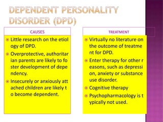CAUSES TREATMENT
 Little research on the etiol
ogy of DPD.
 Overprotective, authoritar
ian parents are likely to fo
ster development of depe
ndency.
 Insecurely or anxiously att
ached children are likely t
o become dependent.
 Virtually no literature on
the outcome of treatme
nt for DPD.
 Enter therapy for other r
easons, such as depressi
on, anxiety or substance
use disorder.
 Cognitive therapy
 Psychopharmacology is t
ypically not used.
 