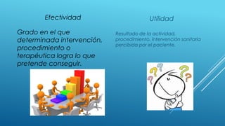 Efectividad Utilidad
Grado en el que
determinada intervención,
procedimiento o
terapéutica logra lo que
pretende conseguir.
Resultado de la actividad,
procedimiento, intervención sanitaria
percibida por el paciente.
 