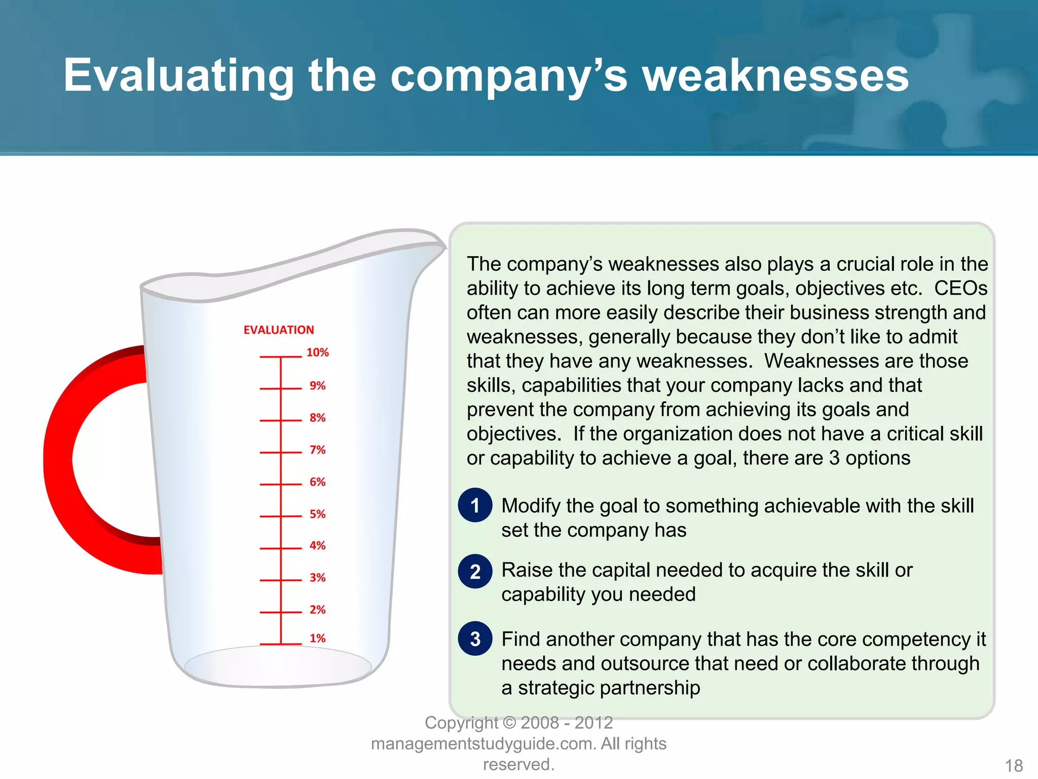 Evaluating the company’s weaknesses
The company’s weaknesses also plays a crucial role in the
ability to achieve its long term goals, objectives etc. CEOs
often can more easily describe their business strength and
weaknesses, generally because they don’t like to admit
that they have any weaknesses. Weaknesses are those
skills, capabilities that your company lacks and that
prevent the company from achieving its goals and
objectives. If the organization does not have a critical skill
or capability to achieve a goal, there are 3 options
1 Modify the goal to something achievable with the skill
set the company has
2 Raise the capital needed to acquire the skill or
capability you needed
3 Find another company that has the core competency it
needs and outsource that need or collaborate through
a strategic partnership
1%
2%
3%
4%
5%
6%
7%
8%
9%
10%
EVALUATION
Copyright © 2008 - 2012
managementstudyguide.com. All rights
reserved. 18
 