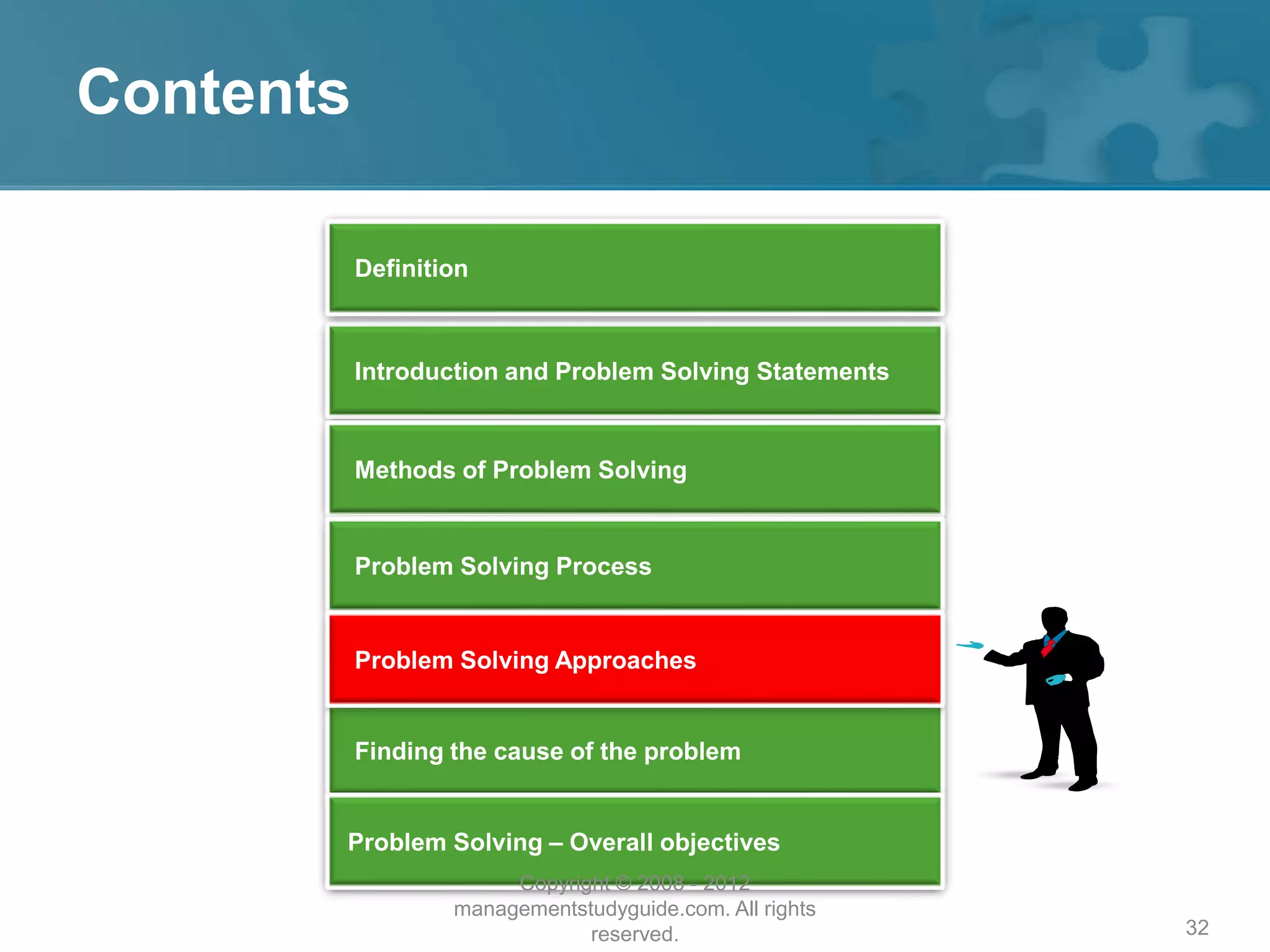 32
Contents
Introduction and Problem Solving Statements
Methods of Problem Solving
Problem Solving Process
Finding the cause of the problem
Problem Solving – Overall objectives
Definition
Problem Solving Approaches
Copyright © 2008 - 2012
managementstudyguide.com. All rights
reserved.
 