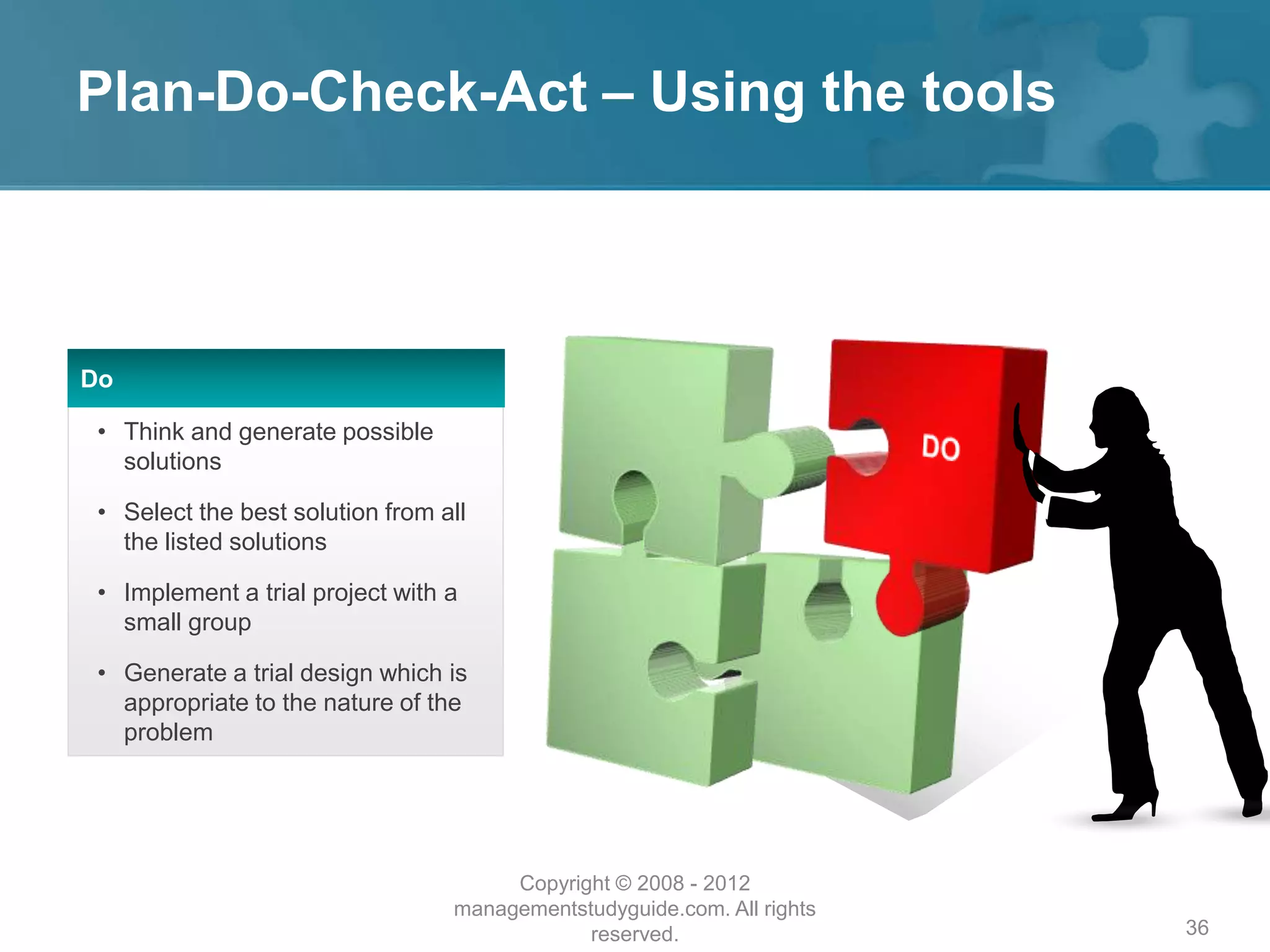Plan-Do-Check-Act – Using the tools
36
Do
• Think and generate possible
solutions
• Select the best solution from all
the listed solutions
• Implement a trial project with a
small group
• Generate a trial design which is
appropriate to the nature of the
problem
Copyright © 2008 - 2012
managementstudyguide.com. All rights
reserved.
 