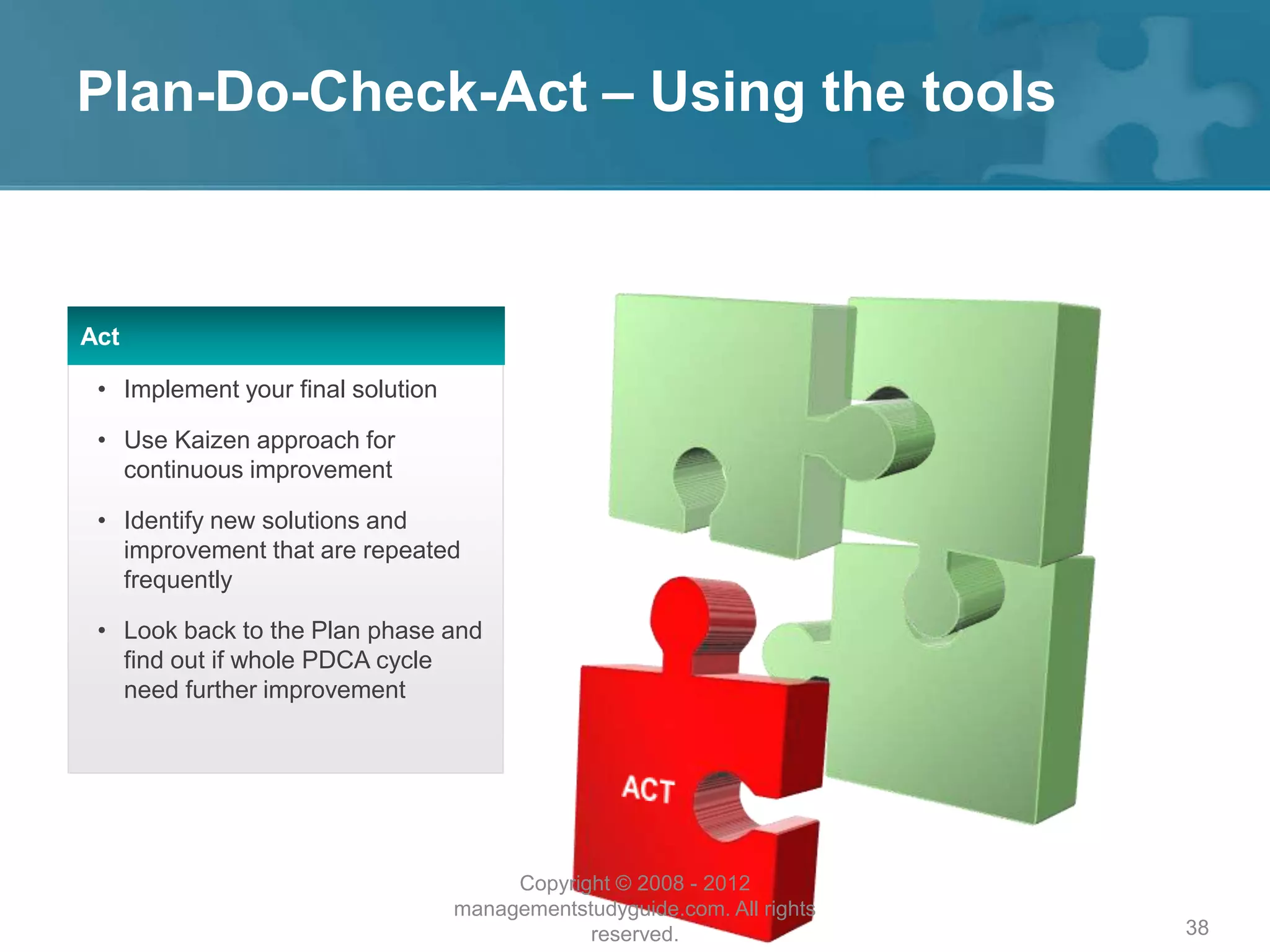 Plan-Do-Check-Act – Using the tools
38
Act
• Implement your final solution
• Use Kaizen approach for
continuous improvement
• Identify new solutions and
improvement that are repeated
frequently
• Look back to the Plan phase and
find out if whole PDCA cycle
need further improvement
Copyright © 2008 - 2012
managementstudyguide.com. All rights
reserved.
 