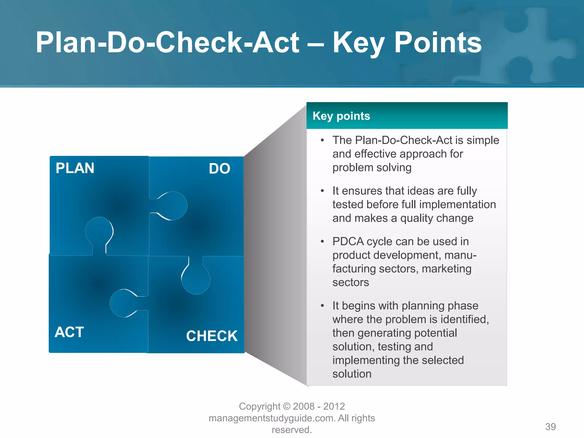 Plan-Do-Check-Act – Key Points
39
CHECKACT
DOPLAN
Key points
• The Plan-Do-Check-Act is simple
and effective approach for
problem solving
• It ensures that ideas are fully
tested before full implementation
and makes a quality change
• PDCA cycle can be used in
product development, manu-
facturing sectors, marketing
sectors
• It begins with planning phase
where the problem is identified,
then generating potential
solution, testing and
implementing the selected
solution
Copyright © 2008 - 2012
managementstudyguide.com. All rights
reserved.
 