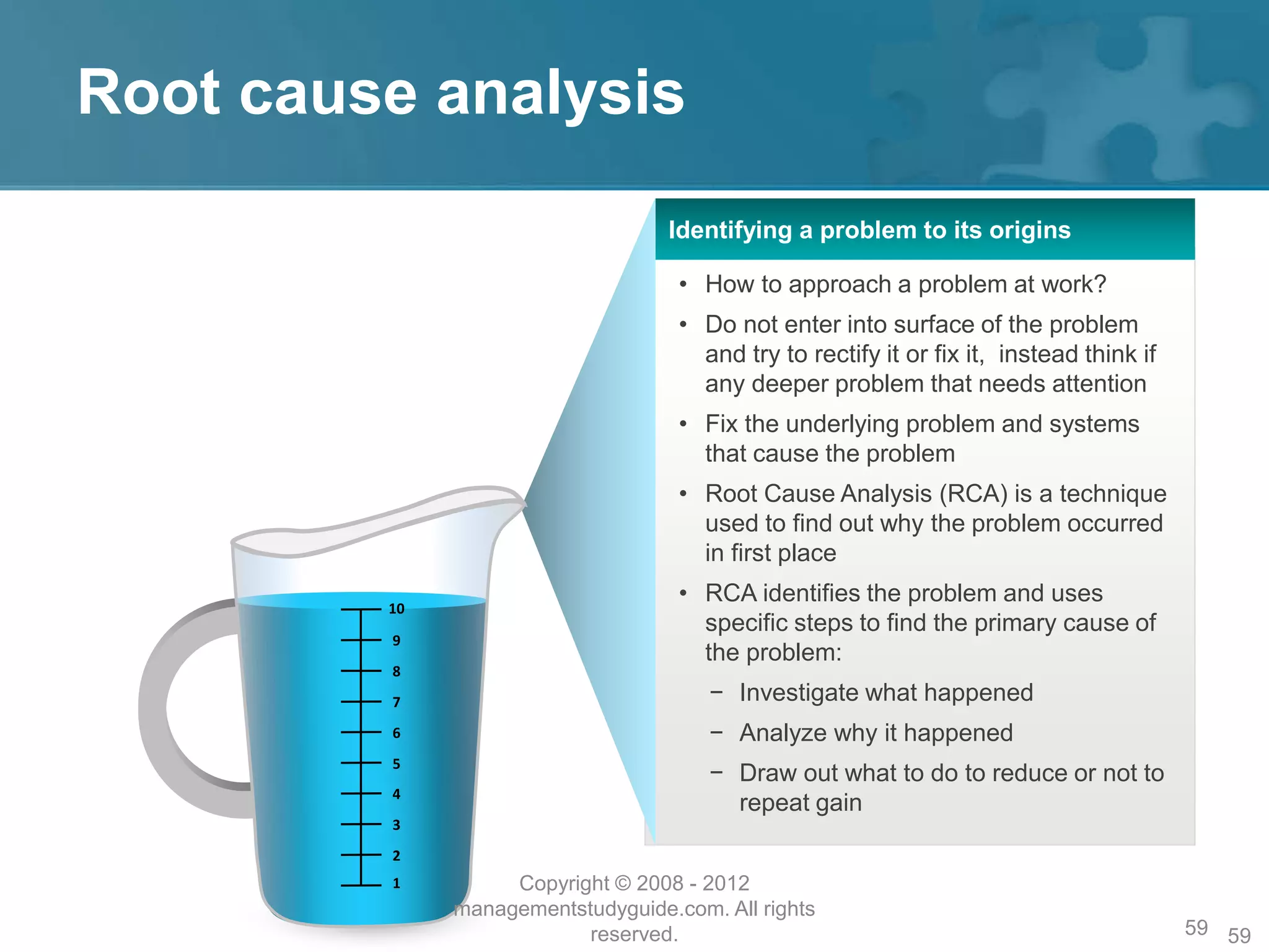 Root cause analysis
59
• How to approach a problem at work?
• Do not enter into surface of the problem
and try to rectify it or fix it, instead think if
any deeper problem that needs attention
• Fix the underlying problem and systems
that cause the problem
• Root Cause Analysis (RCA) is a technique
used to find out why the problem occurred
in first place
• RCA identifies the problem and uses
specific steps to find the primary cause of
the problem:
− Investigate what happened
− Analyze why it happened
− Draw out what to do to reduce or not to
repeat gain
1
2
3
4
5
6
7
8
9
10
Identifying a problem to its origins
Copyright © 2008 - 2012
managementstudyguide.com. All rights
reserved. 59
 