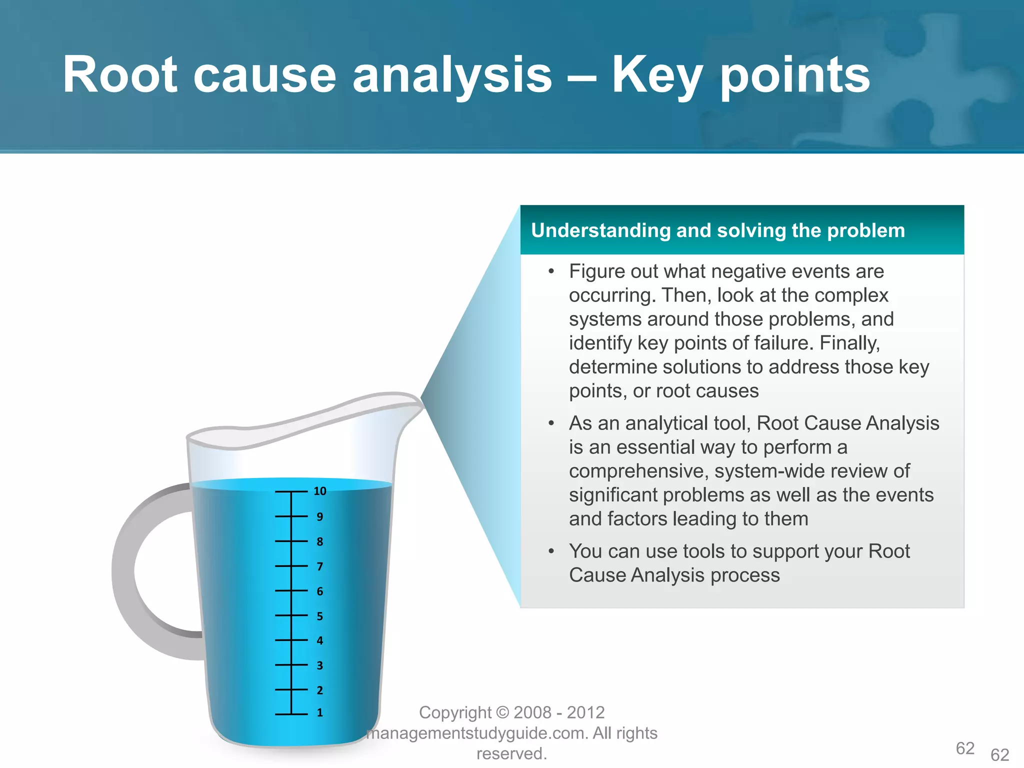 Root cause analysis – Key points
62
• Figure out what negative events are
occurring. Then, look at the complex
systems around those problems, and
identify key points of failure. Finally,
determine solutions to address those key
points, or root causes
• As an analytical tool, Root Cause Analysis
is an essential way to perform a
comprehensive, system-wide review of
significant problems as well as the events
and factors leading to them
• You can use tools to support your Root
Cause Analysis process
1
2
3
4
5
6
7
8
9
10
Understanding and solving the problem
Copyright © 2008 - 2012
managementstudyguide.com. All rights
reserved. 62
 