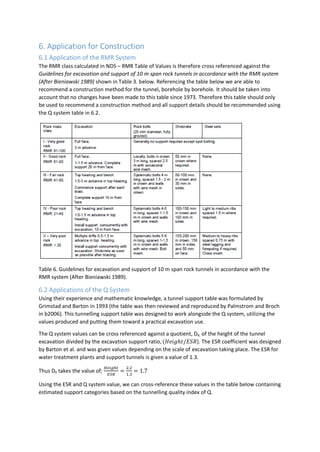 6. Application for Construction
6.1 Application of the RMR System
The RMR class calculated in NDS – RMR Table of Values is therefore cross referenced against the
Guidelines for excavation and support of 10 m span rock tunnels in accordance with the RMR system
(After Bieniawski 1989) shown in Table 3. below. Referencing the table below we are able to
recommend a construction method for the tunnel, borehole by borehole. It should be taken into
account that no changes have been made to this table since 1973. Therefore this table should only
be used to recommend a construction method and all support details should be recommended using
the Q system table in 6.2.
Table 6. Guidelines for excavation and support of 10 m span rock tunnels in accordance with the
RMR system (After Bieniawski 1989).
6.2 Applications of the Q System
Using their experience and mathematic knowledge, a tunnel support table was formulated by
Grimstad and Barton in 1993 (the table was then reviewed and reproduced by Palmstrom and Broch
in b2006). This tunnelling support table was designed to work alongside the Q system, utilizing the
values produced and putting them toward a practical excavation use.
The Q system values can be cross referenced against a quotient, De, of the height of the tunnel
excavation divided by the excavation support ratio, (𝐻𝑒𝑖𝑔ℎ𝑡/𝐸𝑆𝑅). The ESR coefficient was designed
by Barton et al. and was given values depending on the scale of excavation taking place. The ESR for
water treatment plants and support tunnels is given a value of 1.3.
Thus De takes the value of;
𝐻𝑒𝑖𝑔ℎ𝑡
𝐸𝑆𝑅
=
2.2
1.3
= 1.7
Using the ESR and Q system value, we can cross-reference these values in the table below containing
estimated support categories based on the tunnelling quality index of Q.
 