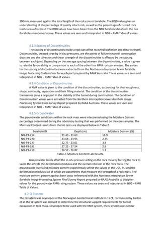 100mm, measured against the total length of the rock core or borehole. The RQD value gives an
understanding of the percentage of quality intact rock, as well as the percentage of crushed rock
inside area of interest. The RQD values have been taken from the NDS Borehole data from the five
Boreholes mentioned above. These values are seen and interpreted in NDS – RMR Table of Values.
4.1.3 Spacing of Discontinuities
The spacing of discontinuities inside a rock can affect its overall cohesion and shear strength.
Discontinuities, created large by in-situ pressures, are the points of failure in tunnel construction
disasters and the cohesion and shear strength of the discontinuities is affected by the spacing
between each joint. Depending on the average spacing between the discontinuities, a value is given
to rate the favourability in comparison to each of the other four RMR rock parameters. The values
for the spacing of discontinuities were extracted from the Northern Interception Sewer Borehole
Image Processing System Final Survey Report prepared by RAAX Australia. These values are seen and
Interpreted in NDS – RMR Table of Values.
4.1.4 Condition of Discontinuities
A RMR value is given to the condition of the discontinuities, accounting for their roughness,
shape, continuity, separation and their filling material. The condition of the discontinuities
themselves plays a large part in the stability of the tunnel during construction. The Condition of
Discontinuities’ values were extracted from the Northern Interception Sewer Borehole Image
Processing System Final Survey Report prepared by RAAX Australia. These values are seen and
Interpreted in NDS – RMR Table of Values.
4.1.5 Groundwater
The groundwater conditions within the rock mass were interpreted using the Moisture Content
percentage determined during the laboratory testing that was performed on the core samples. The
Moisture Content results from the lab tests are displayed below in Table 2.
Borehole ID Depth (m) Moisture Content (%)
NIS-P3-214 21.43 - 21.63 16.9
NIS-P3-220 23.68 - 23.95 2.75
NIS-P3-227 22.75 - 23.01 3.8
NIS-P3-181 27.22 - 27.54 2.9
NIS-P3-219 26.52 - 26.82 1.3
Table 2. Moisture Content Lab Results.
Groundwater levels affect the in-situ pressure acting on the rock mass by forcing the rock to
swell, this affects the deformation modulus and the overall cohesion of the rock mass. The
groundwater levels and moisture content exponentially affect the values of the UCS, PLI and the
deformation modulus; all of which are parameters that measure the strength of a rock mass. The
moisture content percentage has been cross-referenced with the Northern Interception Sewer
Borehole Image Processing System Final Survey Report prepared by RAAX Australia to decipher
values for the groundwater RMR rating system. These values are seen and Interpreted in NDS – RMR
Table of Values.
4.2 Q System
The Q system was developed at the Norwegian Geotechnical Institute in 1974. Formulated by Barton
et al. the Q system was derived to determine the structural support requirements for tunnel
excavation in rock mass. Developed to be used with the RMR system, the Q system uses similar
 